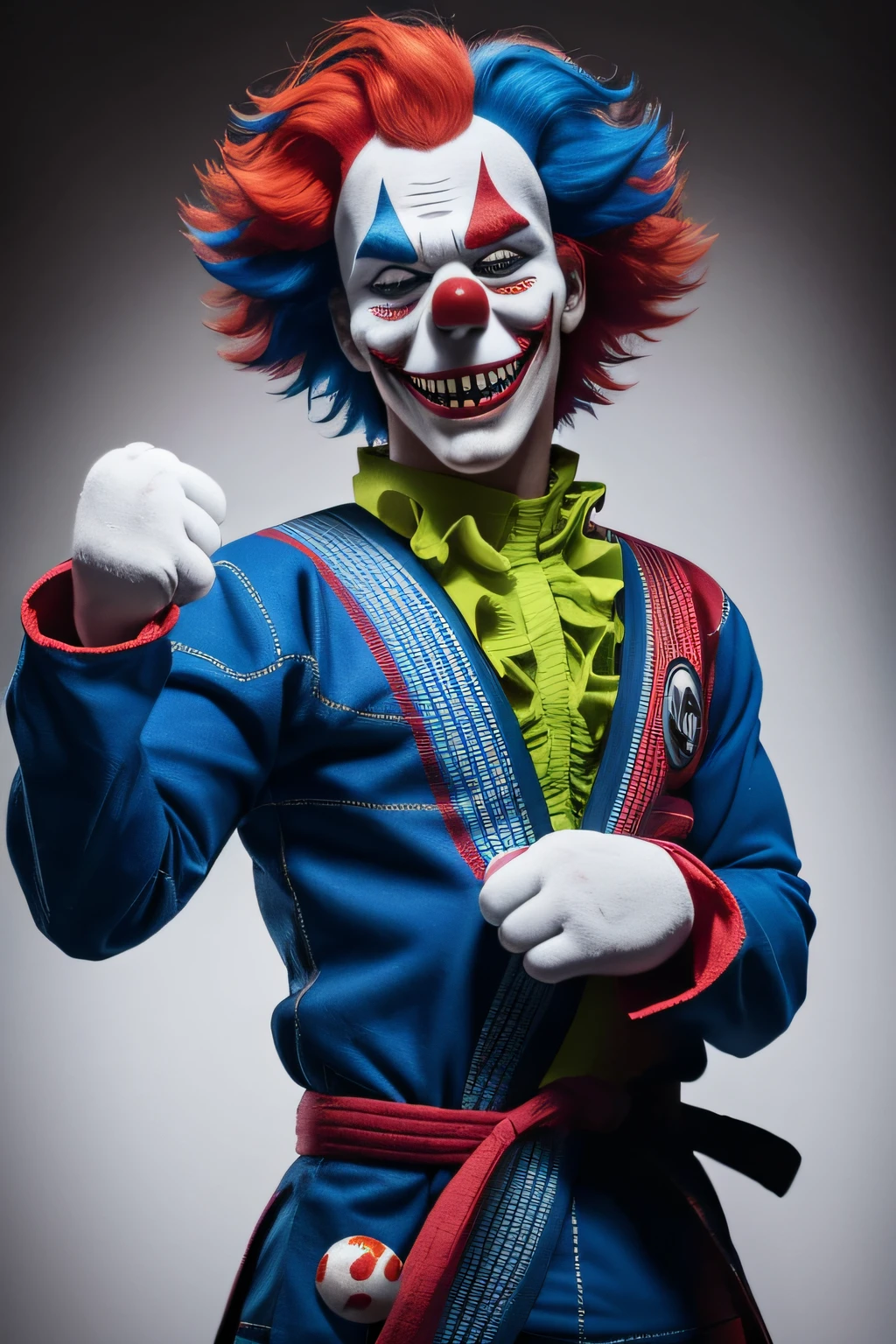 clown with red hair and green eyes in blue Jiu Jitsu Gi, black belt, hands grabbing belt, scary clown, full color digital illustration, cutecore clowncore, bozo the clown. clown motif, bozo the clown. circus motif, skull clown inside a circus, dead clown, clown darth vader hybrid, skull clown, joker looks like naruto, the clown is far from the camera, upper body, full arm, white background