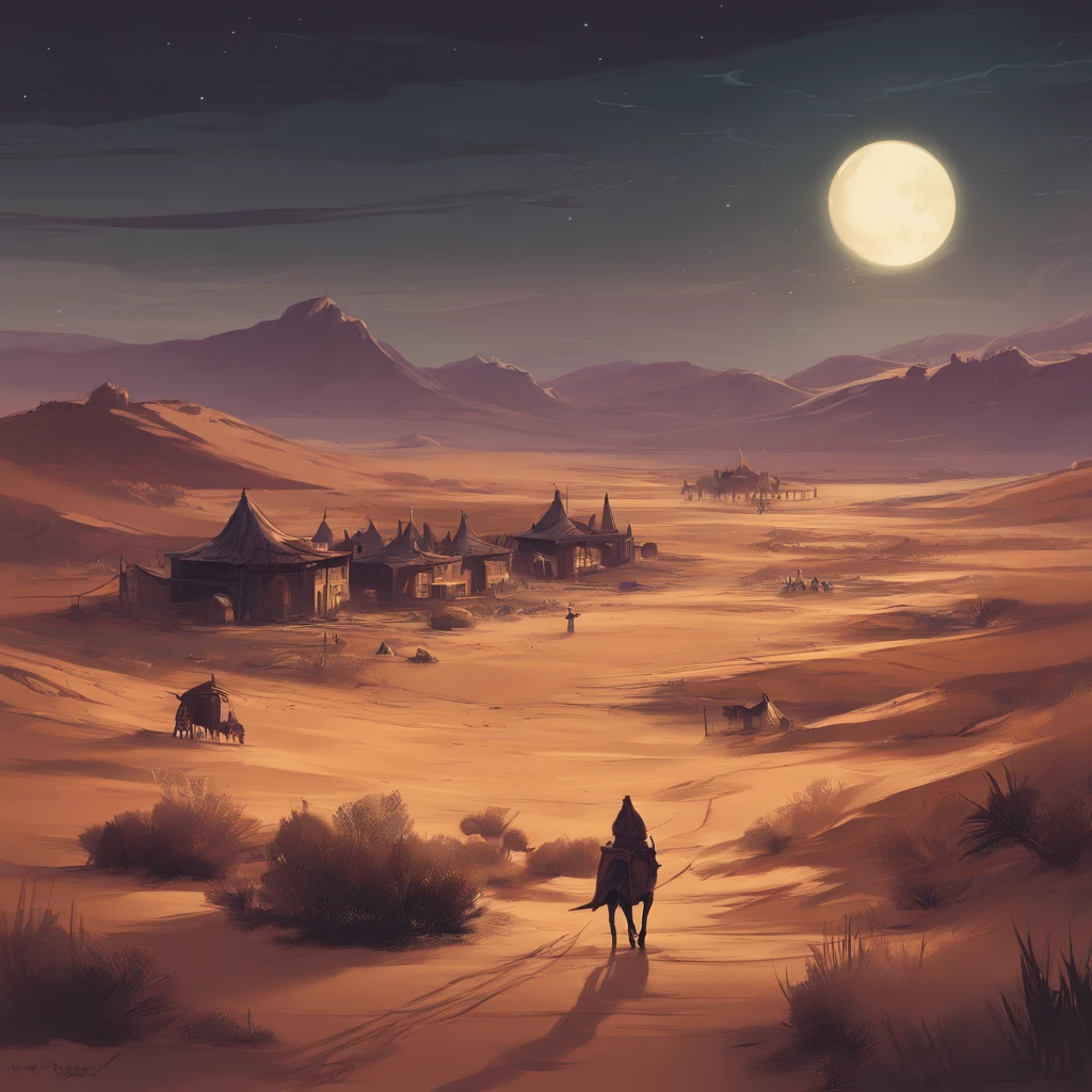 A small village in the desert, desolate grasslands,night,(beste-Qualit, tmasterpiece:1.3), Very detailed fantasy illustration,