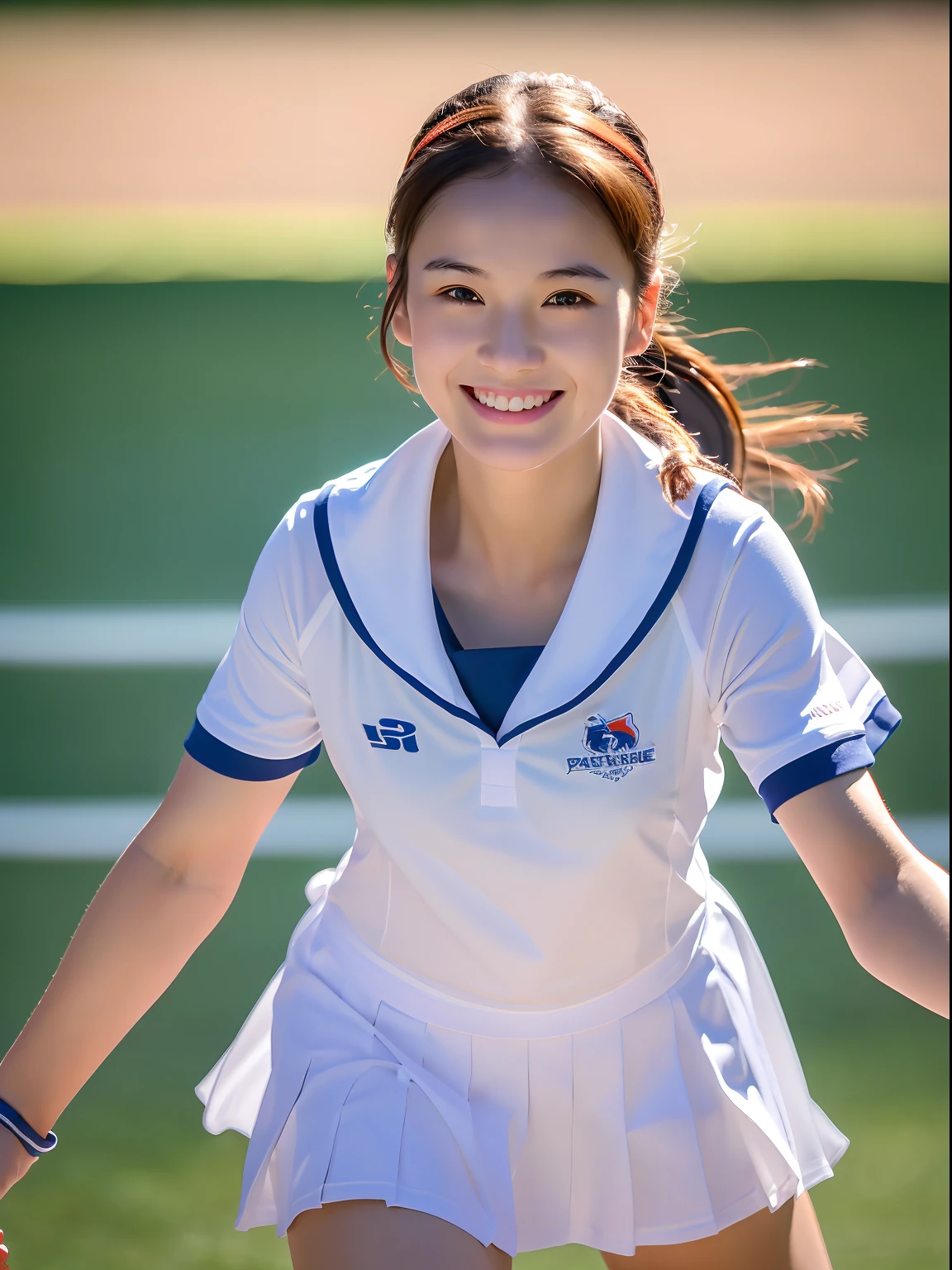 master piece,8k,(master piece,photorealistic:1.5),(master piece,ultra high resolution:1.5),(master piece,best quality,ultra detailed:1.5),
beautiful girl,full body,light smile,tennissailor uniform,