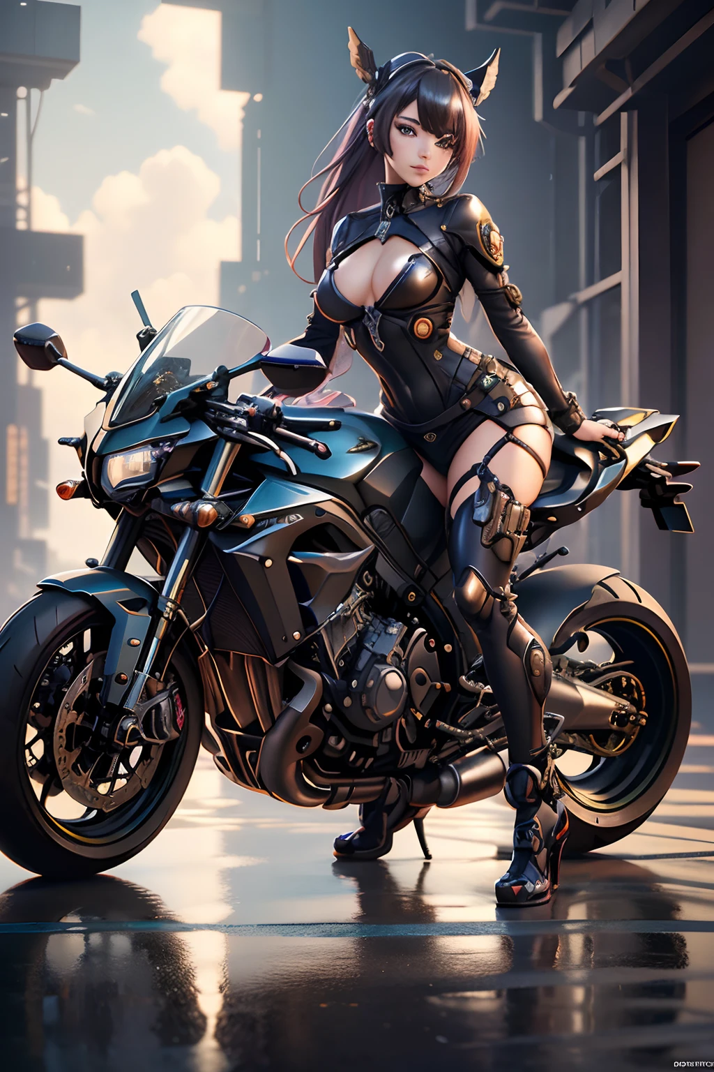 anime girl on a motorcycle in the desert, anime art, mechanized valkyrie girl, cyberpunk anime girl mech, anime mecha aesthetic, sitting on cyberpunk motorbike, digital cyberpunk anime art, Beautiful D&D Character Portrait, Beautiful Face, Ominous, Dark Fantasy, Fiverr Dnd Character, Octane Render, Digital Art, Extreme Detail, 4k, Ultra Hd, Polished, Beautiful, Hyperdetailed, Intricate, Elaborate, Meticulous, Photorealistic, Sharp Focus, Wlop, Character Design, Unreal Engine, 3d Rendered, Volumetric Lighting, Reflections, Glossy, Digital Illustration, anatomically correct, Sensual Pose, Suggestive Pose, Full Body Shot, 💖❤💕💋❣