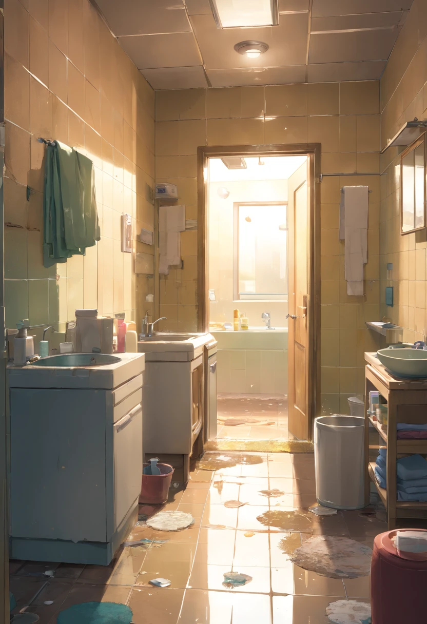 A messy bathroom, with scattered items (\[chaotic\]), in a state of emptiness and solitude. The bathroom is lit by a dim overhead light, creating a somber atmosphere. The tiles on the walls and floor are worn and stained, adding to the sense of neglect and abandonment. The sink is cluttered with dirty dishes, and the mirror is cracked and grimy, distorting reflections. There is a forgotten bathrobe hanging on the back of the door, with the fabric faded and frayed. The air is heavy with the musty smell of dampness and mildew. The overall image is of a neglected and desolate space, evoking feelings of loneliness and desolation. The image should have a realistic, high-quality, and detailed depiction, as if taken with a professional camera (\[best quality, highres\]).