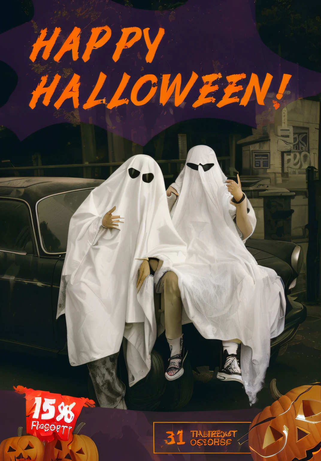 There were two people in ghost costumes sitting in a car, halloween wallpaper with ghosts, halloween ghost under a sheet, Ghosts, in a halloween style, Halloween, Phantom ghost in the background, haunting!, Costume, halloween celebration, halloween atmosphere, cute funny ghost, Trick or Treat, 🕹️ 😎 🔫 🤖 🚬, spooky halloween fun