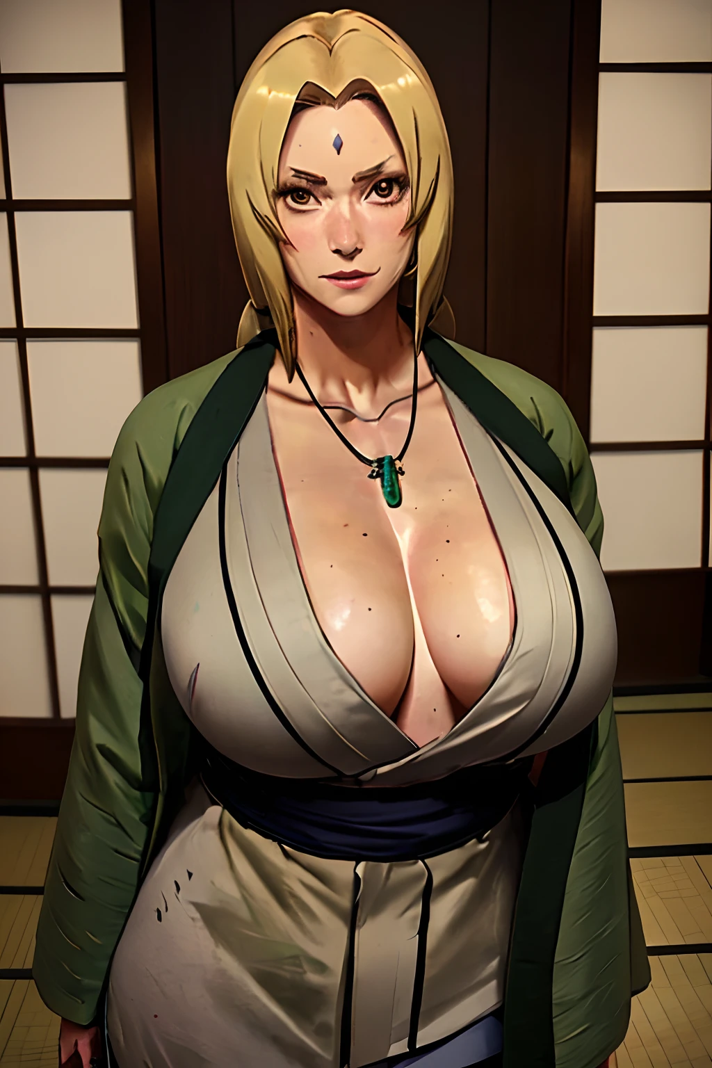 tsunade, large breasts, cleavage, collarbone, (tsun outfit), (tsun jacket), (tsun necklace), mature woman, tan lines, relaxed expression, looking at viewer, standing in edo era japanese house, indoors, daytime, (cowboy shot), (insanely detailed, beautiful detailed face, masterpiece, beautiful detailed eyes, best quality),