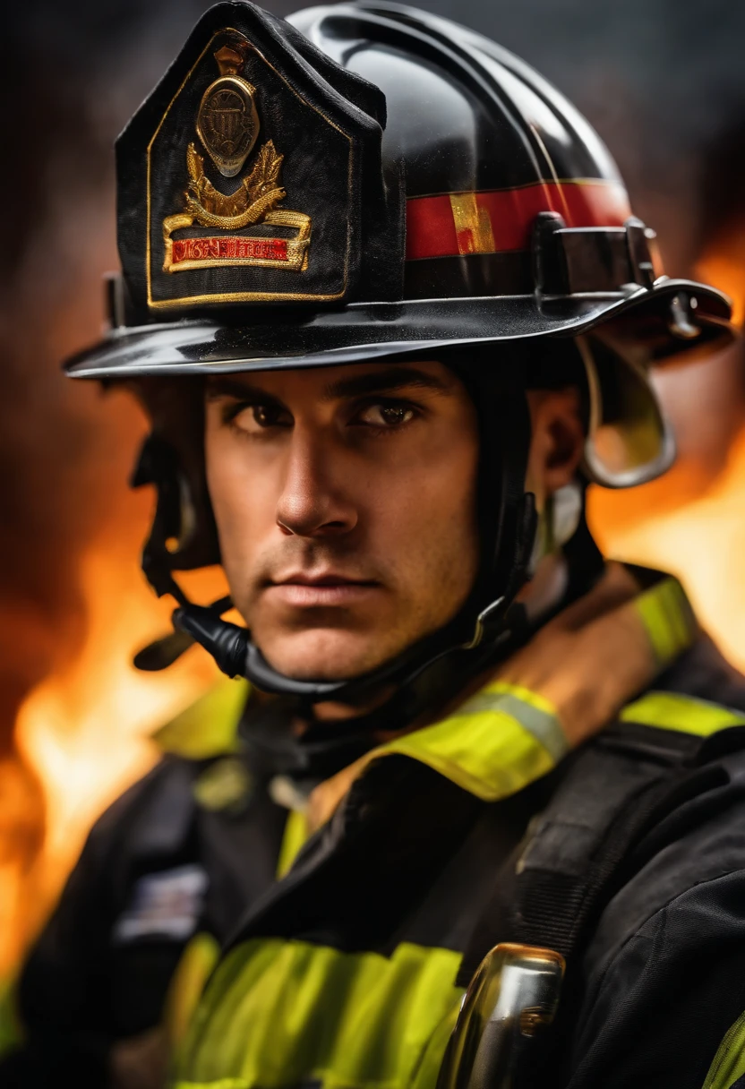 A determined and confident firefighter, up-close. He was surrounded by a series of daily objects, Each contains unique ideas. The focus is on the character, Has a captivating facial expression, Against a sparkling background, Effervescent colors.