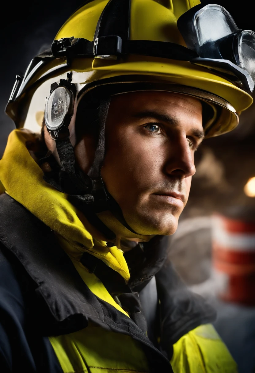 A determined and confident firefighter, up-close. He was surrounded by a series of daily objects, Each contains unique ideas. The focus is on the character, Has a captivating facial expression, Against a sparkling background, Effervescent colors.