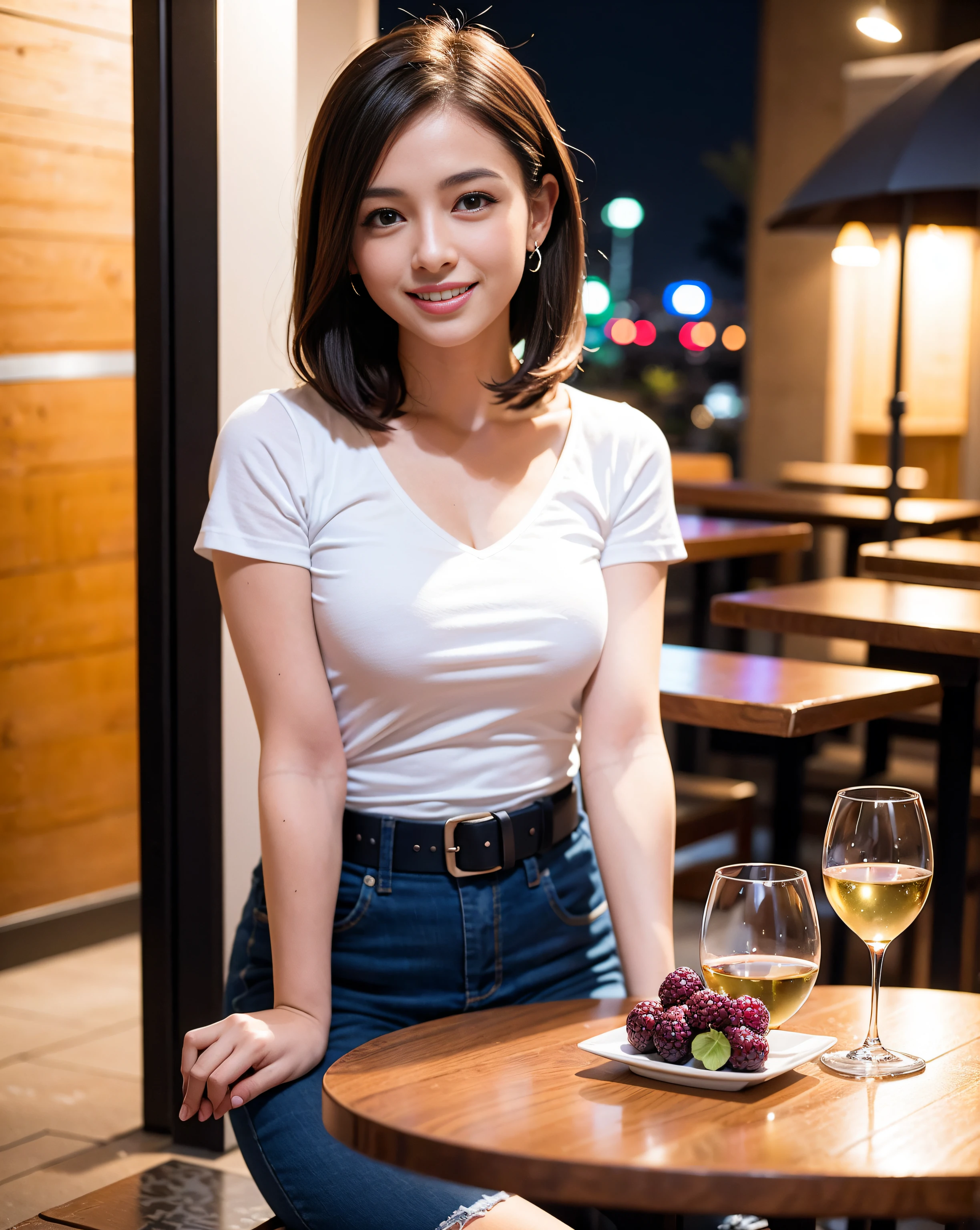 (64K, UHD, top quality, masterpiece: 1.2), (realistic, photorealistic: 1.37), super detailed, pretty woman 1 person, (slim face), (slim body), (brown hair), (short cut), cheeks slightly blushing, (44 years old), 38 years old, solo, beautiful detailed urban night view outside the window, restaurant, wine glasses sit, at night, in a prominent placeNovaFrogStyle, Actress, Model, Waist Up, White Wine, Slim, Wine Glass, Super Clean Night View, Wine Glass Put in the Middle, Happy Smile, (Smile: 1.15), Beautiful Fine Eyes, Upper Body, Bust Japan Up, Night, Short, Short, Actress, Model, Waist Up, White Wine, Slim, Wine Glass, Super Clean Night View, Wine Glass Put in the Middle, Happy Smile,