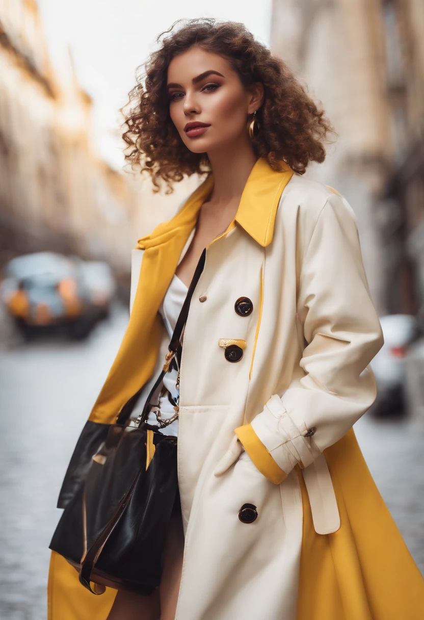 Woman in a white coat,There is a cat design on it, loose coat collar sailor uniform, hand painted cartoon art style, Detailed picture, Jacket, Cute cartoon style, white trendy clothes, stylish coat for a rave, wearing jacket and skirt, Yellow raincoat, Cute casual streetwear, cartoonish style, White jacket, full subject shown in photo, 2 0 2 0 fashion