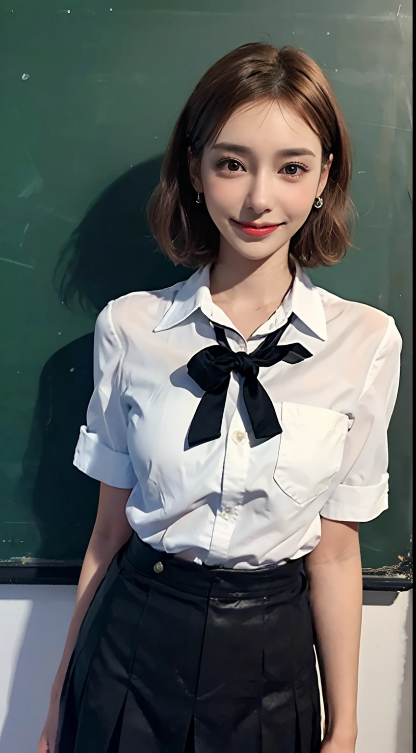 ((top-quality、8K、masterpies:1.3、Being in the classroom、chalk board、Brown Shorthair、((Colossal tits))、Button shirt with collar、Tie Ribbon、Second Party Dark Blue Pleated Skirt、hip lines、From the knee up))、1girl in、Slim Beauty:1.3、Super Detail Face、Delicat eyes、二重まぶた、facial expression of smile、full body Esbian、Suntan-Skin、20yr old、bobhair、short-cut、erotick、Sensual look、stare