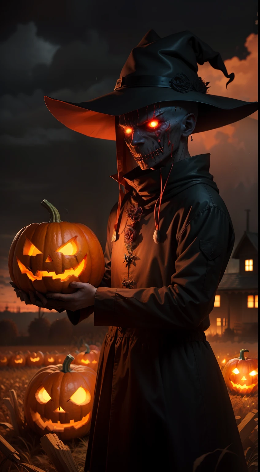 a demonic scarecrow with a pumpkin, jack o'lantern as the head, straw, night, fall weather, dark, creepy, cornfield, field on fire, rain, demonic, glowing red eyes, horror, scary, pumpkin head, bald, bloody scary pumpkin