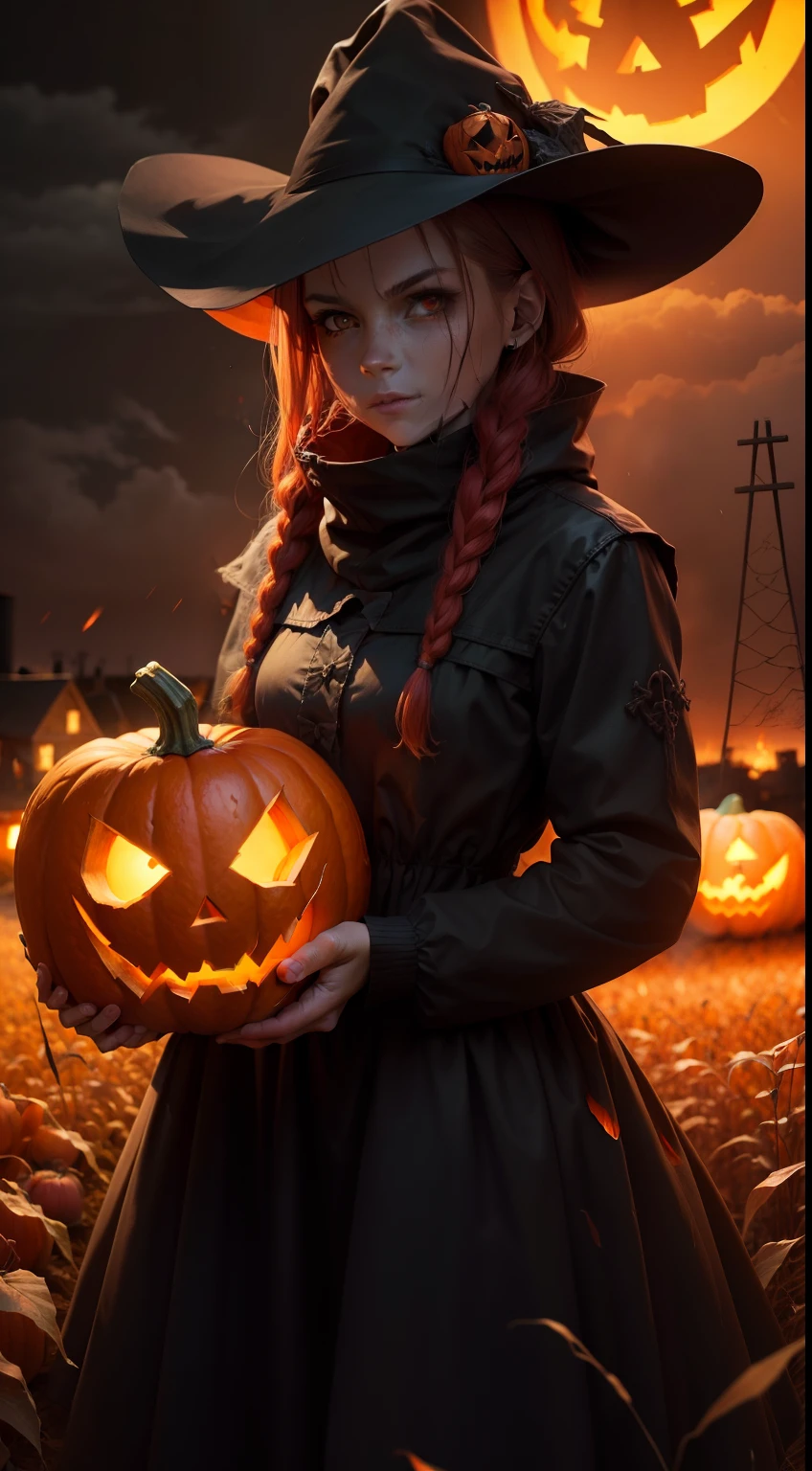 a demonic scarecrow with a pumpkin, jack o'lantern as the head, straw, night, fall weather, dark, creepy, cornfield, field on fire, rain, demonic, glowing red eyes, horror, scary, pumpkin head, bald, bloody scary pumpkin