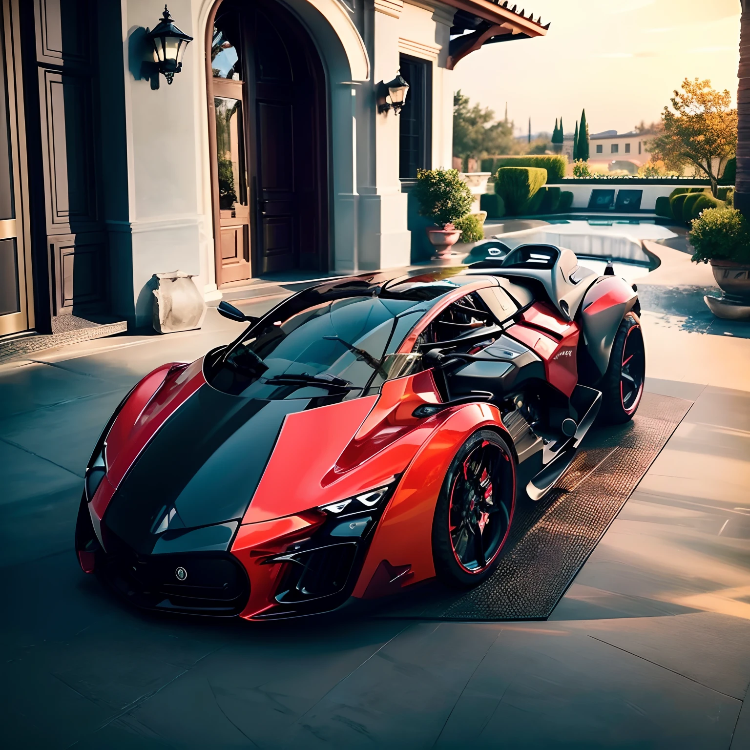 A motorcycle,Gorgeous look,Streamlined body,Oversized wheels,Park your car in the courtyard of the villa,(Motorcycle ruby exterior lacquer:1.2),Close-up of motorcycles,tmasterpiece,the highest picture quality,Mid-range vision