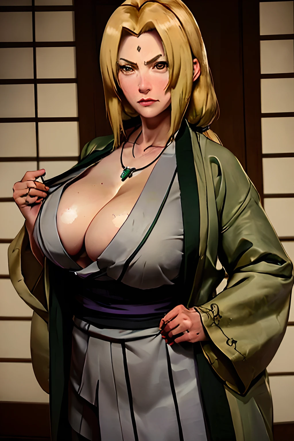 tsunade, large breasts, cleavage, collarbone, (tsun outfit), (tsun jacket), (tsun necklace), mature woman, tan lines, relaxed expression, looking at viewer, standing in edo era japanese house, indoors, daytime, (cowboy shot), (insanely detailed, beautiful detailed face, masterpiece, beautiful detailed eyes, best quality),