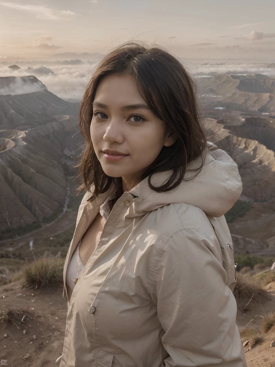 ((Top Quality, 8k, Masterpiece: 1.5)), indonesian Woman (1, 19 years old, smile, very detailed face and skin and hair texture, detailed blue eyes, double eyelids, white skin, beautiful delicate nose, parka wearing, exposed cleavage, large breast), overhead camera, sharp focus: 1.2, while emphasizing the subject's eyes, mouth, action The composition is pleasing to the eye and thought-provoking. ⠀
ground, outdoor, wonderful sunrise view at mount bromo, nature, cheerful, wind, happy, backpack, tent, bonfire, forest, river, foggy atmosphere, shadow, contrast, clear sky, grey background, (warm shades, warm tones), pleasant to the eye, while exuding melancholy emotions, characterized by a contrasting mix of calm tones and light and shadow, with dynamic angles, It is a thought-provoking composition.