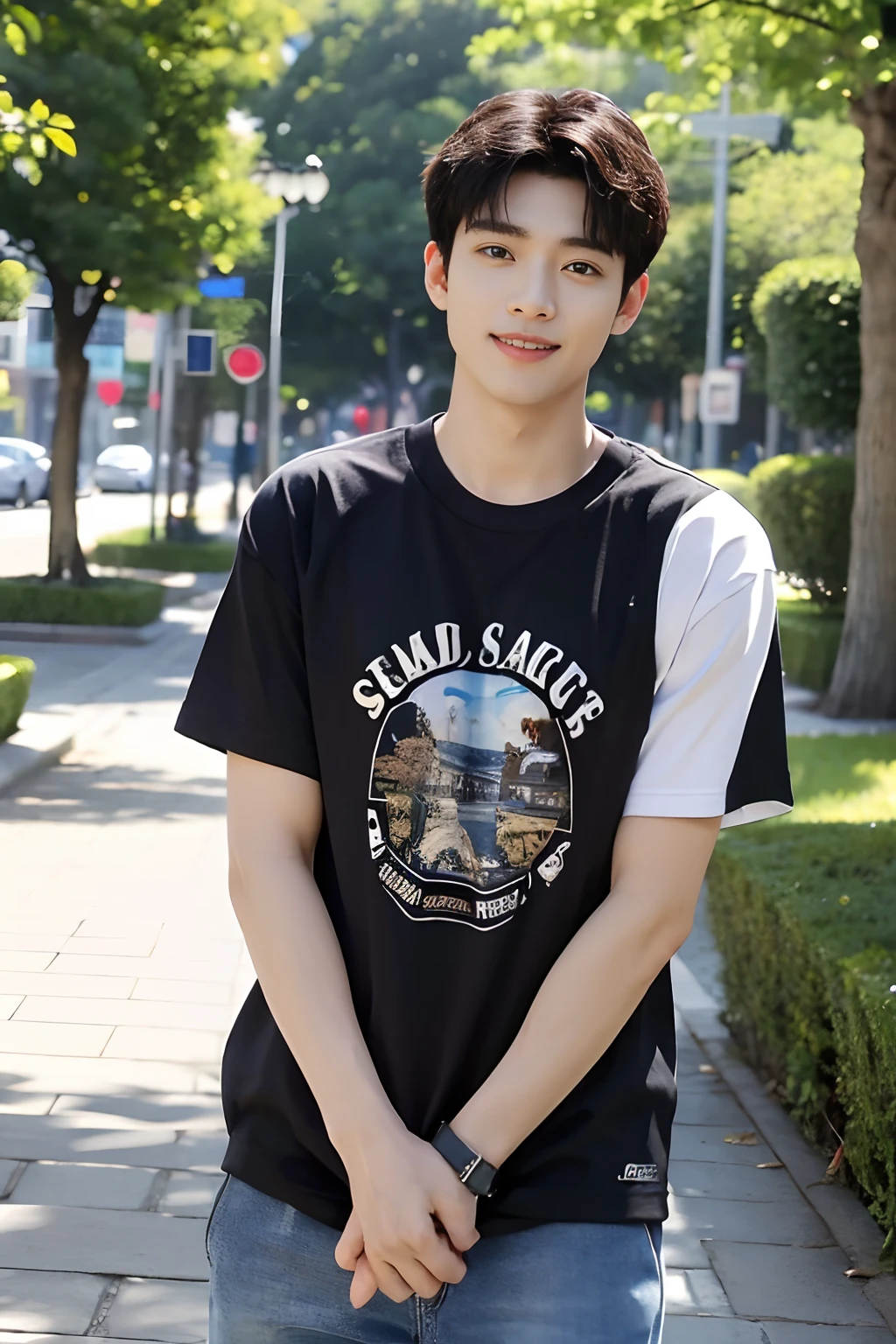 ((qualidade superior、obra prima、Fotografiarealista:1.4、em 8K))、Cool Japanese1Uma pessoa、25 anos、face bem formada、Olhos e rostos com detalhes、beautiful lighting、(Use camiseta branca:1.3)、(Homem andando na rua da cidade)、pele texturizada、Super Detalhe、alto detalhamento、alta qualidade、alta resolução、(olhando para os espectadores)、boca detalhada、um sorriso、