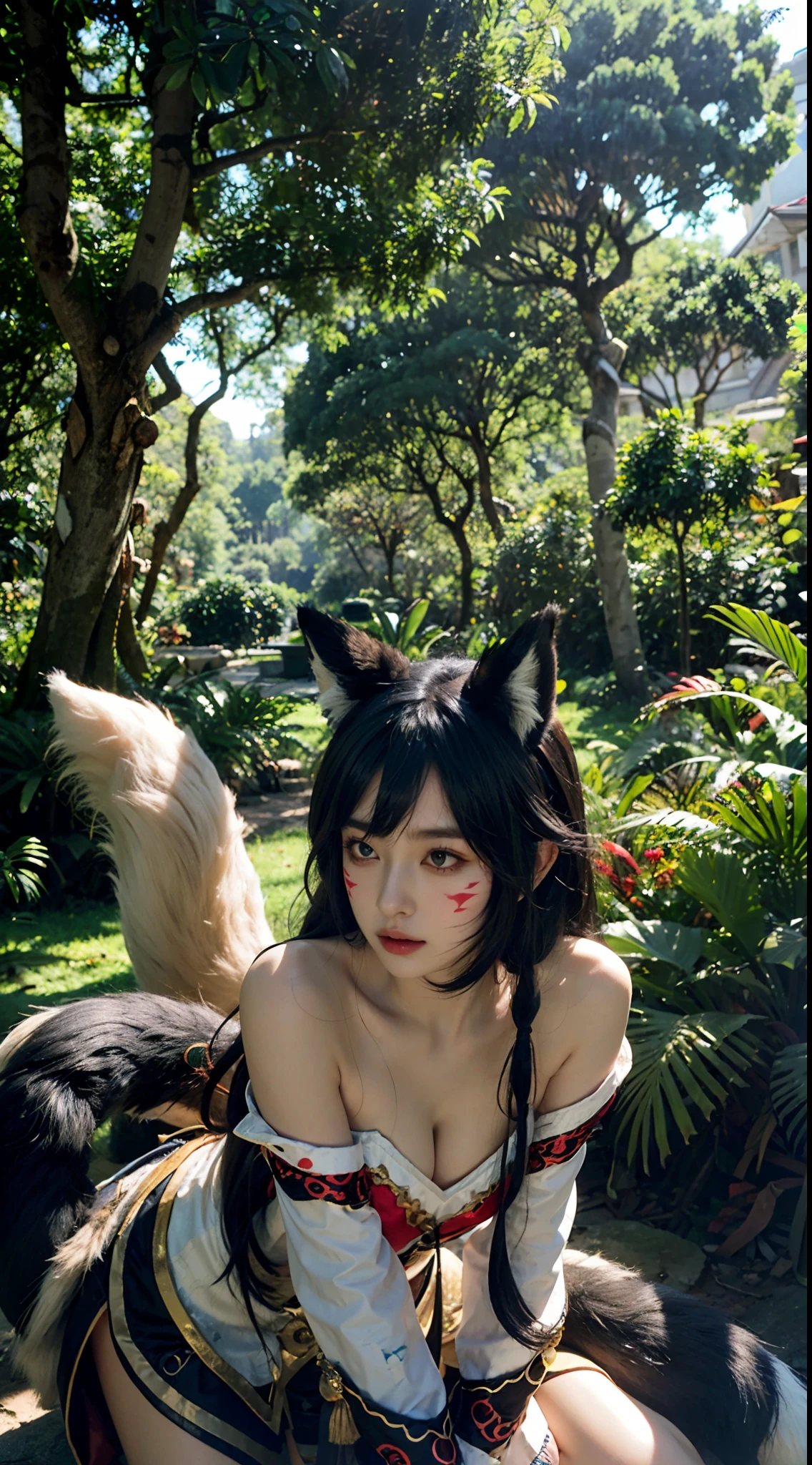 1girll，Ali，Ali\（league of legend\）， K/DA\（league of legend\），Animal ear， face markings， fox ear， fox tails， orange eyes，Multiple tails，coda，A big tree，Lush trees，falling leaf