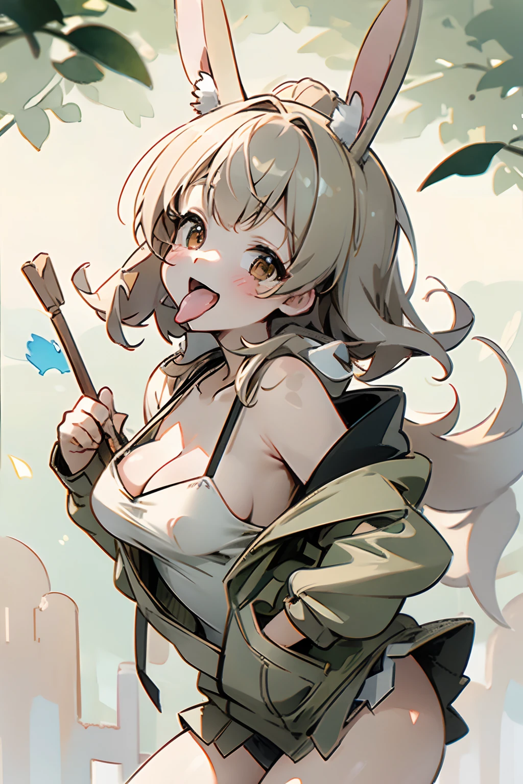 Beautiful girl with rabbit ears、kawaii、from side, Raise your mouth、tongue、long tongue、Mouth open、I have my mouth wide open、Stick out the tongue、Concentrate on the tongue、A smile、teak、Colossal tits、cleavage of the breast、Worn hoodie、micromini skirt、masterpiece、top-quality、8K、Watercolor style、