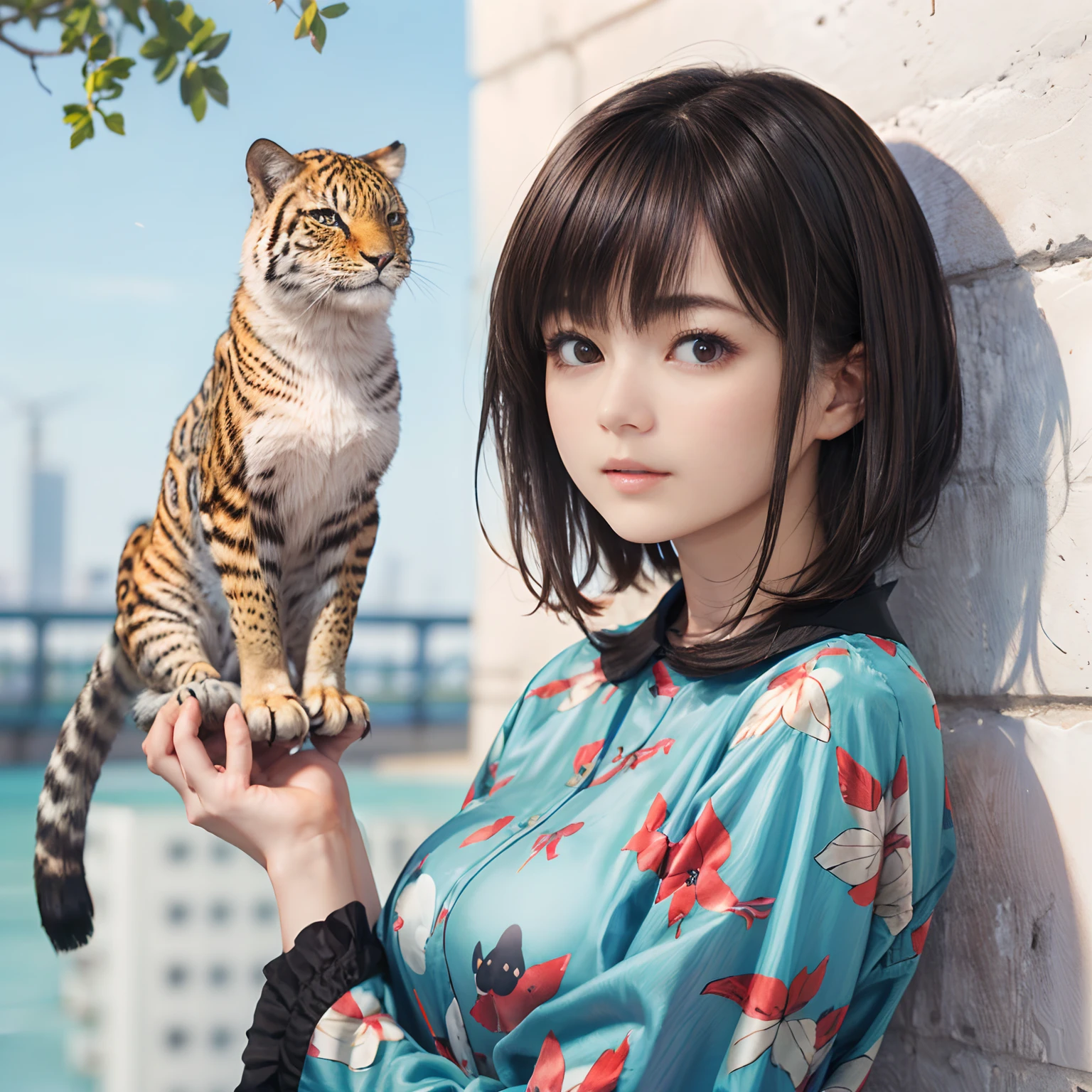 61
(a 20 yo woman,is standing), (A hyper-realistic), (masutepiece), ((A dark-haired、short-hair:1.3)), (Silky hair), (Breast), (Gentle expression), (Clothing printed with wild animal characters)