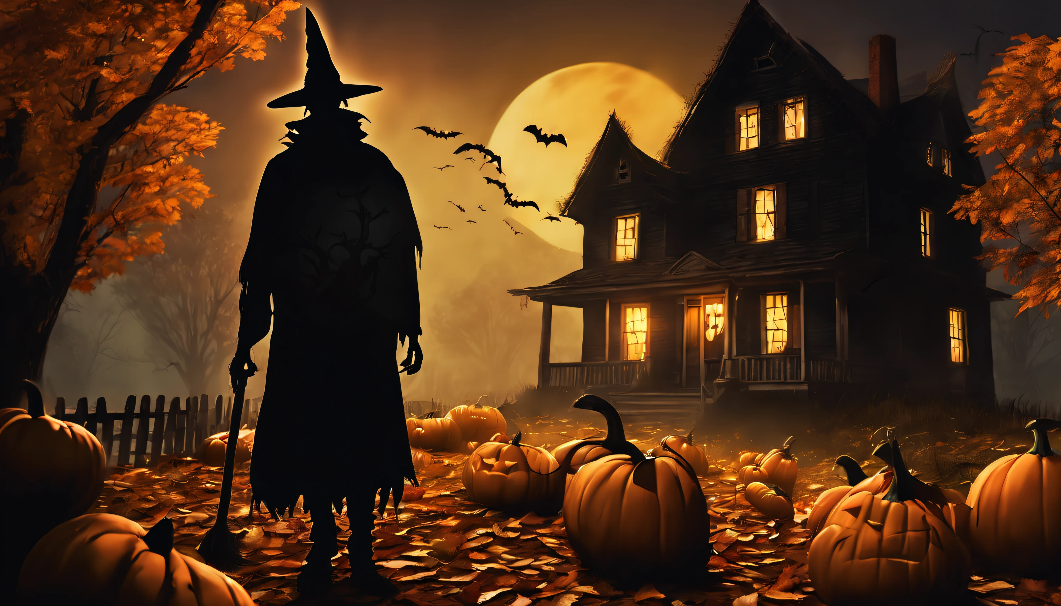 (best quality,4k,8k,highres,masterpiece:1.2),ultra-detailed,(realistic,photorealistic,photo-realistic:1.37),halloween scarecrow,spooky atmosphere,dark night,creepy pumpkin patch,haunted house silhouette,crow,autumn leaves,full moon,ominous shadows,vivid colors,scary face,glowing eyes,tattered clothes,straw hat,witch hat,numerous candy bags,laughter and screams,playful spirits,distant children's voices,moonlight casting eerie glow,misty fog,branches creaking in the wind,crisp autumn air,ominous aura,spooky decorations,winding path,ominous scarecrow with Jack-o'-lantern head,carved pumpkins with candlelight flickering,welcome mat with "Trick or Treat!",rustling leaves,cackling sound,ghostly apparitions,dark silhouette emerging from the shadows,faint smell of autumn spices,wispy spiderwebs,full-size candy bars,excitement in the air,vibrant orange and black color scheme,fallen leaves crunching underfoot,exquisite attention to facial details.