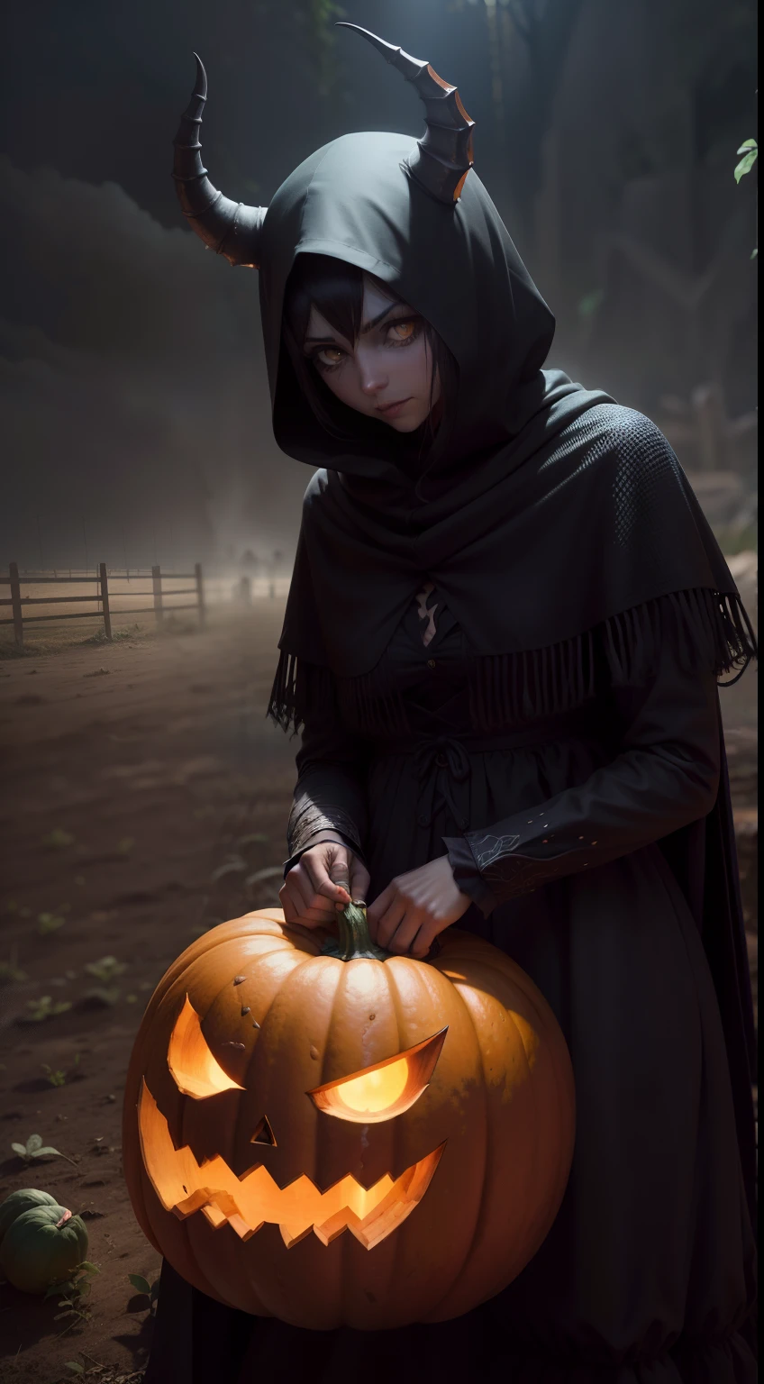 A pumpkin demon, demoniaca, palha, Noite, clima de outono, Escuro, assustador, milharal, campo em chamas, chuva, olhos vermelhos brilhantes, horror, assustador,