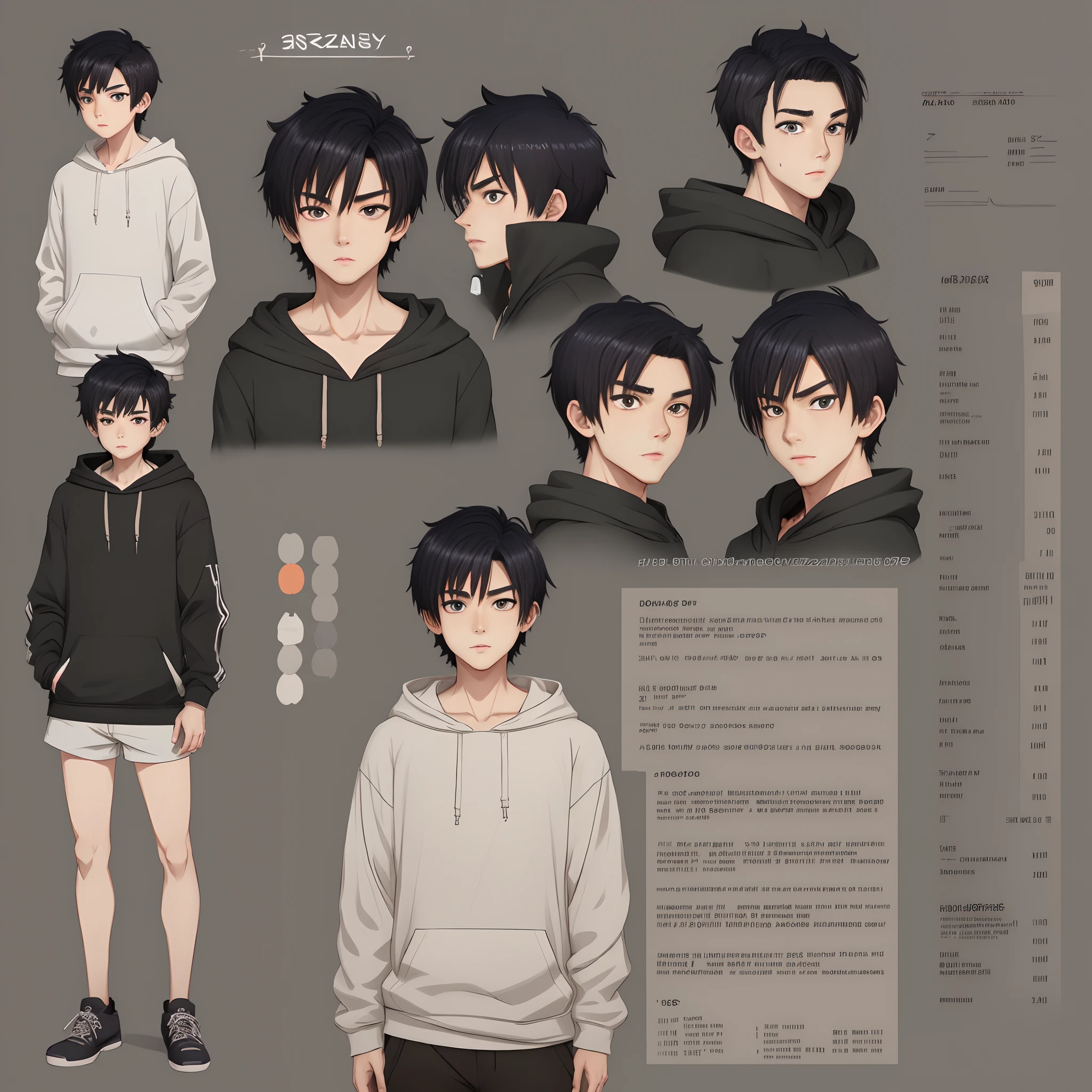 anime boy wearing hoodie short dark hair eye bags emo character reference sheet