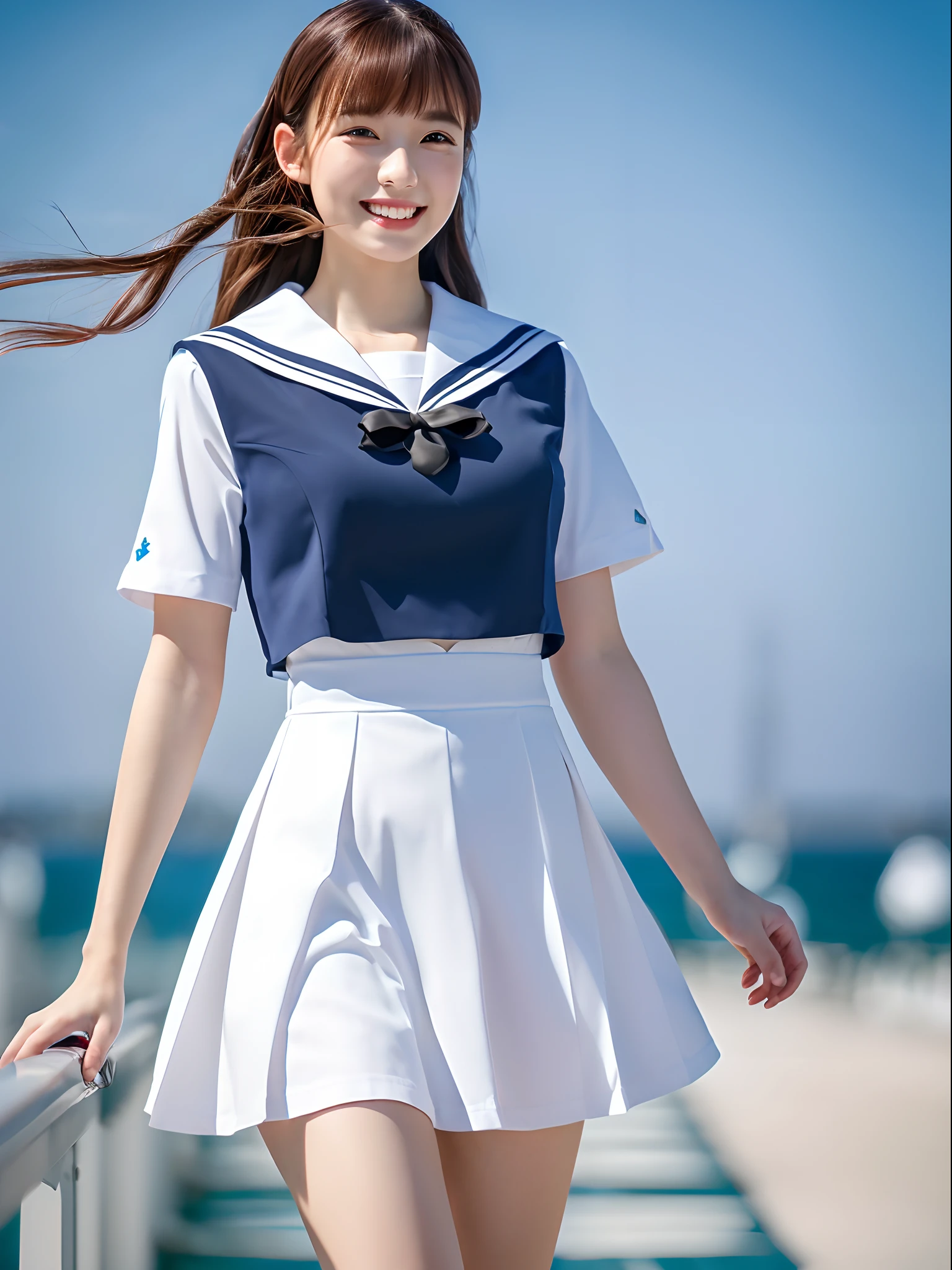 (((Low - Angle)))、(((grab the skirt、Skirt Lift 1.5、自分でSkirt Lift 1.7、skirt that rolls up:1.4、pure white panties)))、masterpiece,highest quality,ultra high resolution),japanese woman, Very beautiful girl, naive girl、perfect limbs、perfect anatomy、sailor suit、長袖sailor suit、navy blue skirt、pure white、Shining beautiful skin、