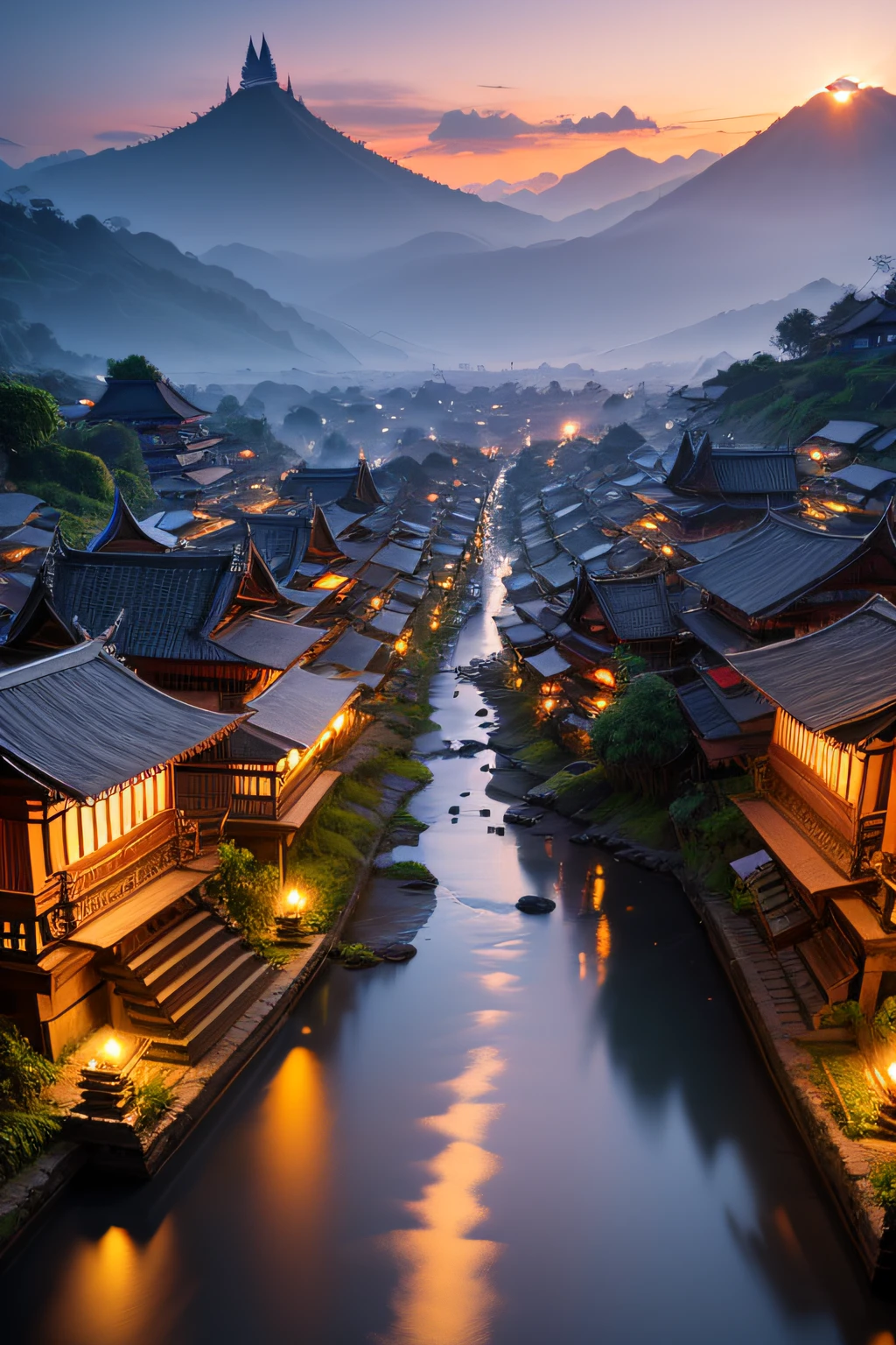 Balinese village at dusk，The background is Valano in the Matai style, Ultra photo realsisim, temples, fores