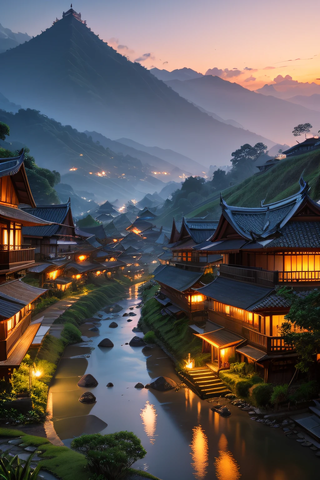 Balinese village at dusk,The background is Valano in the Matai style, Ultra photo realsisim, temples, fores
