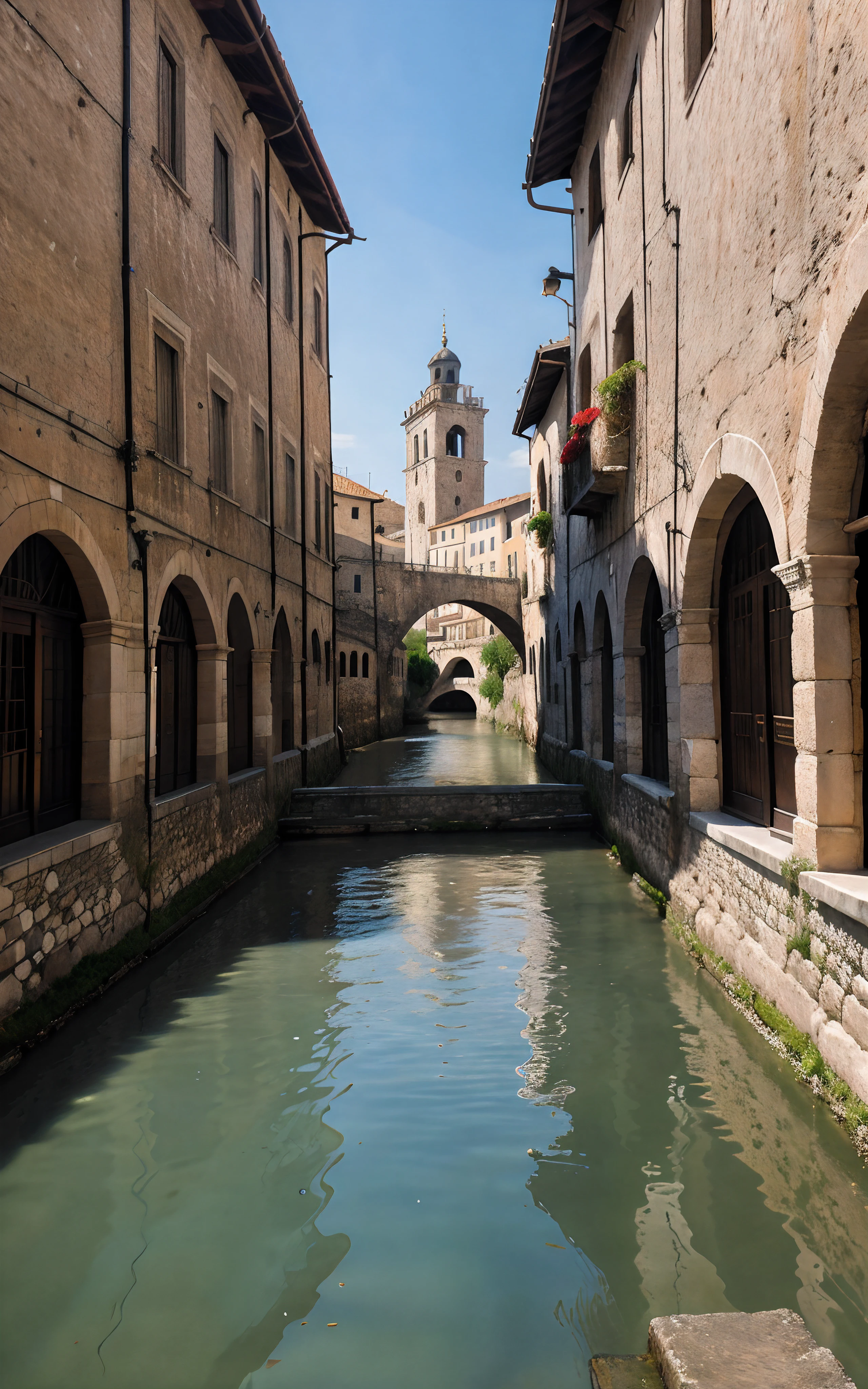 ancient city resembling a city in Italy with a river running through it,illustration oil painting 3D rendering photography (best quality,4k,8k,highres,masterpiece:1.2),ultra-detailed,realistic:1.37,medium:1.1,old buildings, cobblestone streets, vibrant colors, intricate architecture, bustling marketplace, beautiful bridges, reflections in the river, gentle sunlight, scenic views