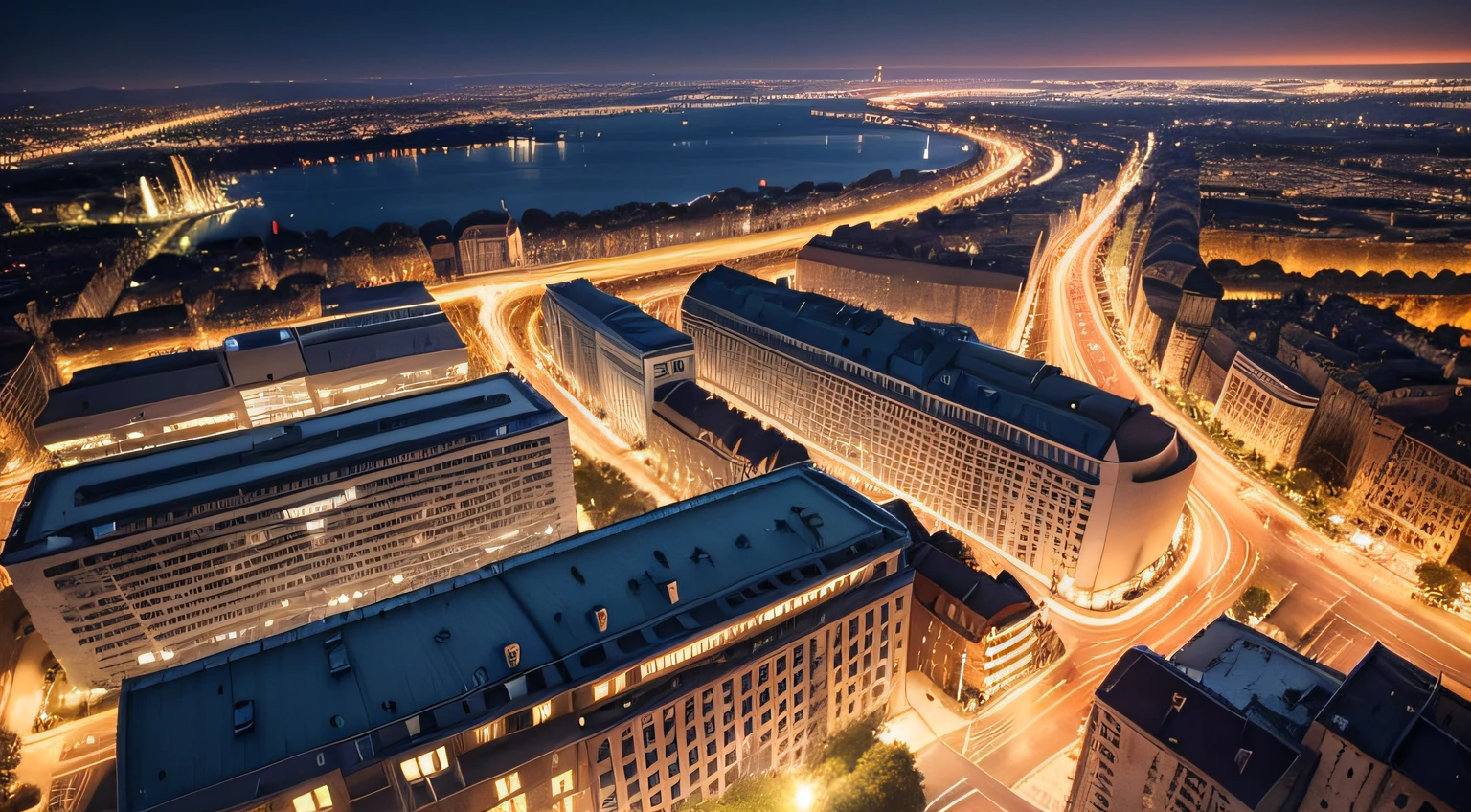 photo taken from ground, landscape, a panoramic view, France city, building, night,