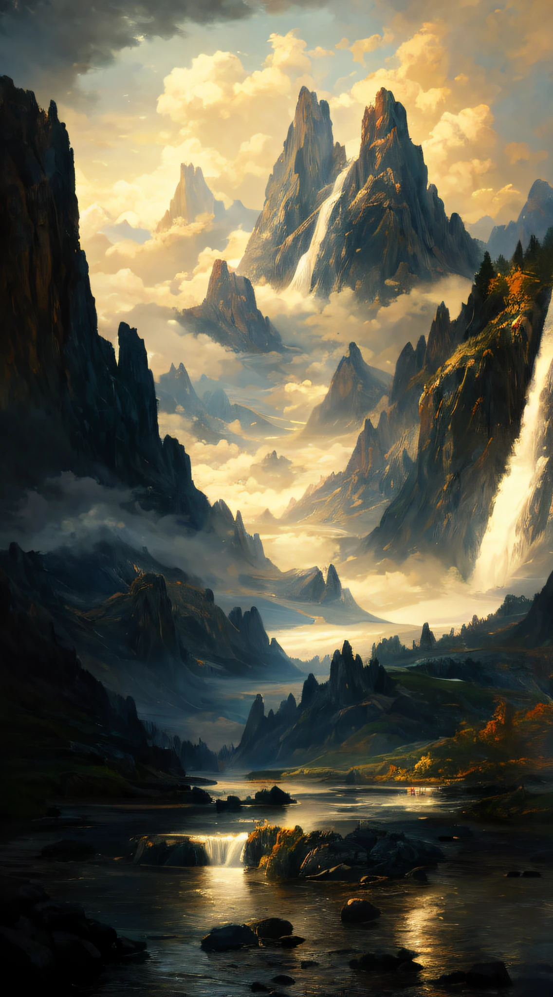 photo of a mountain scene with a lake and a mountain and a beach in the dark clouds background, lots of waterfalls, inspired by Thomas Moran, mountainscape, misty mountains, detailed digital painting, detailed soft painting, inspired, soft digital painting, high detail digital painting, low detailed. digital painting, painted in high resolution, 8 k resolution digital painting, 8k resolution digital painting, detailed painting 4 k, hyper realism