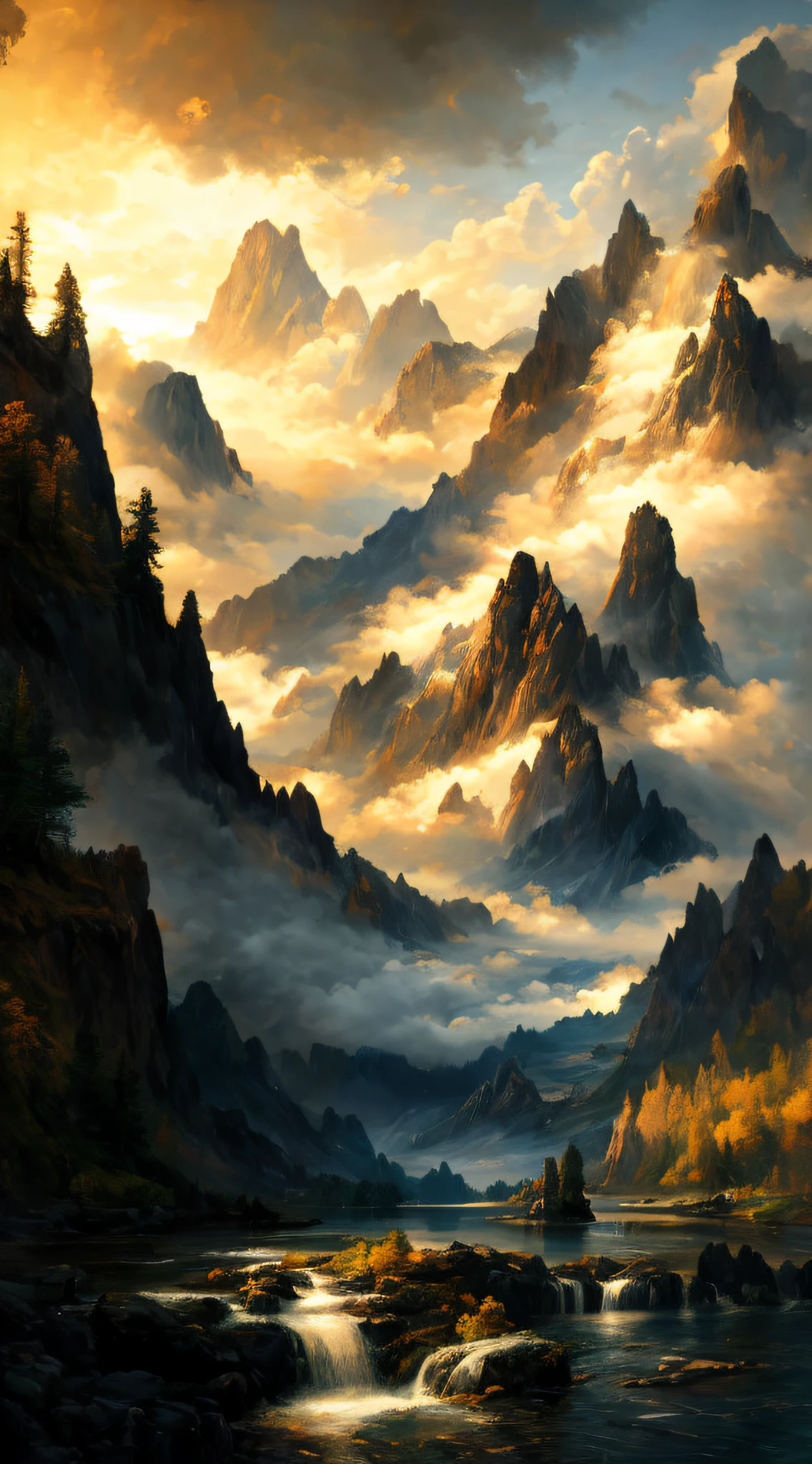 photo of a mountain scene with a lake and a mountain and a beach in the dark clouds background, lots of waterfalls, inspired by Thomas Moran, mountainscape, misty mountains, detailed digital painting, detailed soft painting, inspired, soft digital painting, high detail digital painting, low detailed. digital painting, painted in high resolution, 8 k resolution digital painting, 8k resolution digital painting, detailed painting 4 k, hyper realism