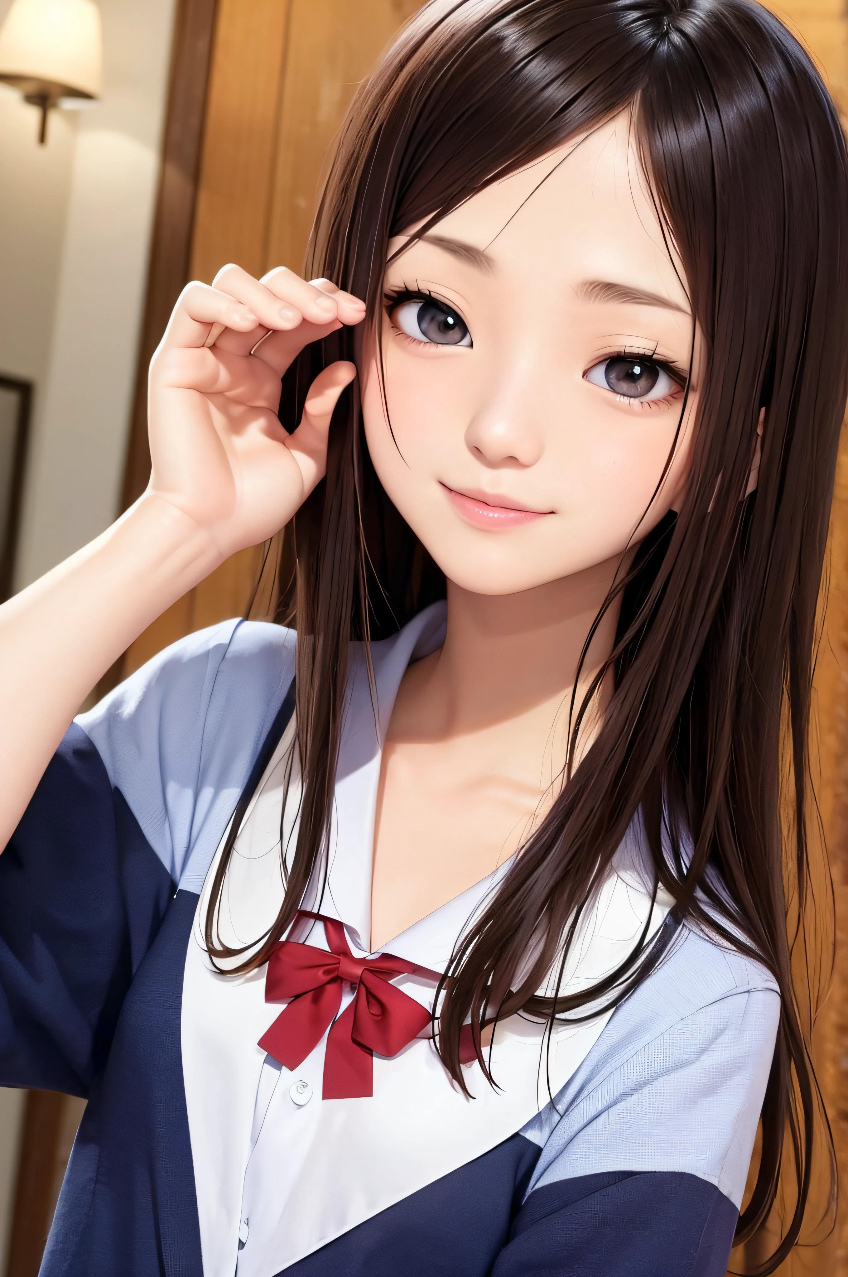 、brown haired、beautidful eyes、real looking skin、hi-school girl、a sailor suit、small tits、(8K、​masterpiece)、(reallistic、Photorealsitic)、top-quality、ighly detailed、The ultra-detailliert、Beautie、cute little、japanes、Idol、A smile、Close-up portrait、Healthy face