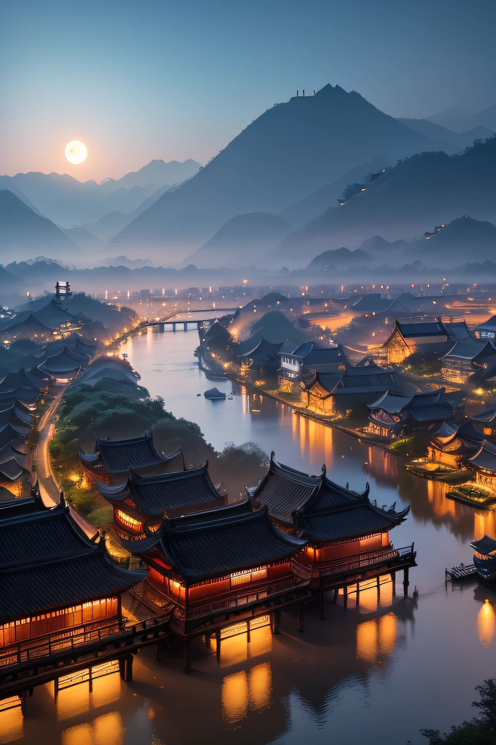 Village under the moon，The background is Suzhou and Hangzhou architecture, In the distance there are misty mountains，Ultra photo realsisim, temples, fores