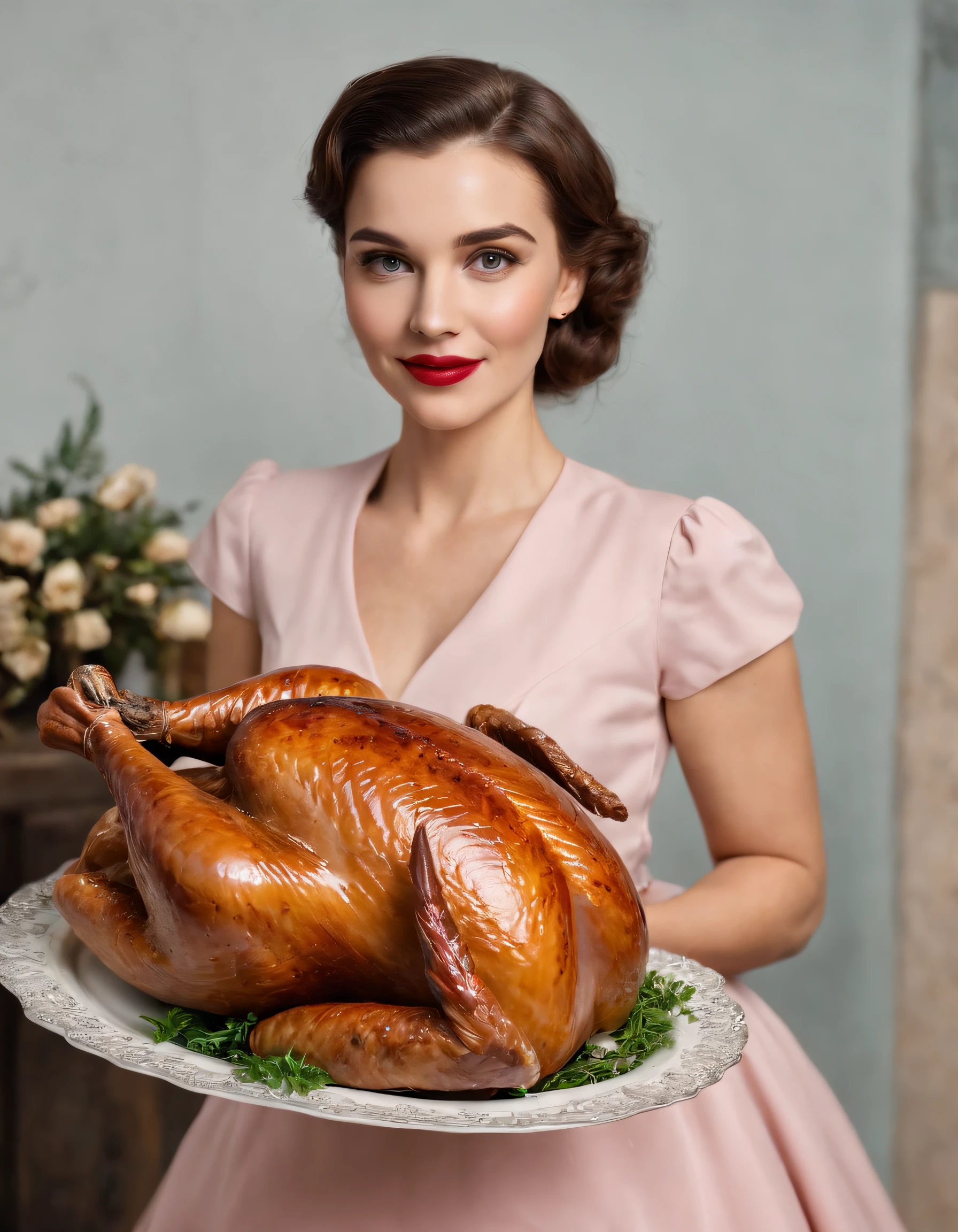 woman in retro 50s dress, holds tray with stuffed turkey, framing turkey close up, high quality photo