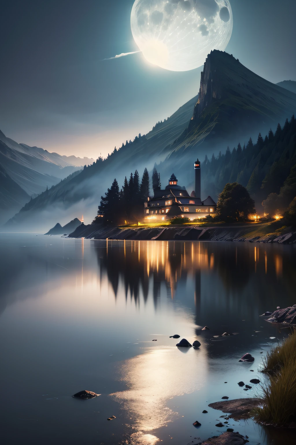 Moonlight lake surface,In the background is a lighthouse on the coast, Foggy mountains in the distance,Ultra photo realsisim, temples, fores