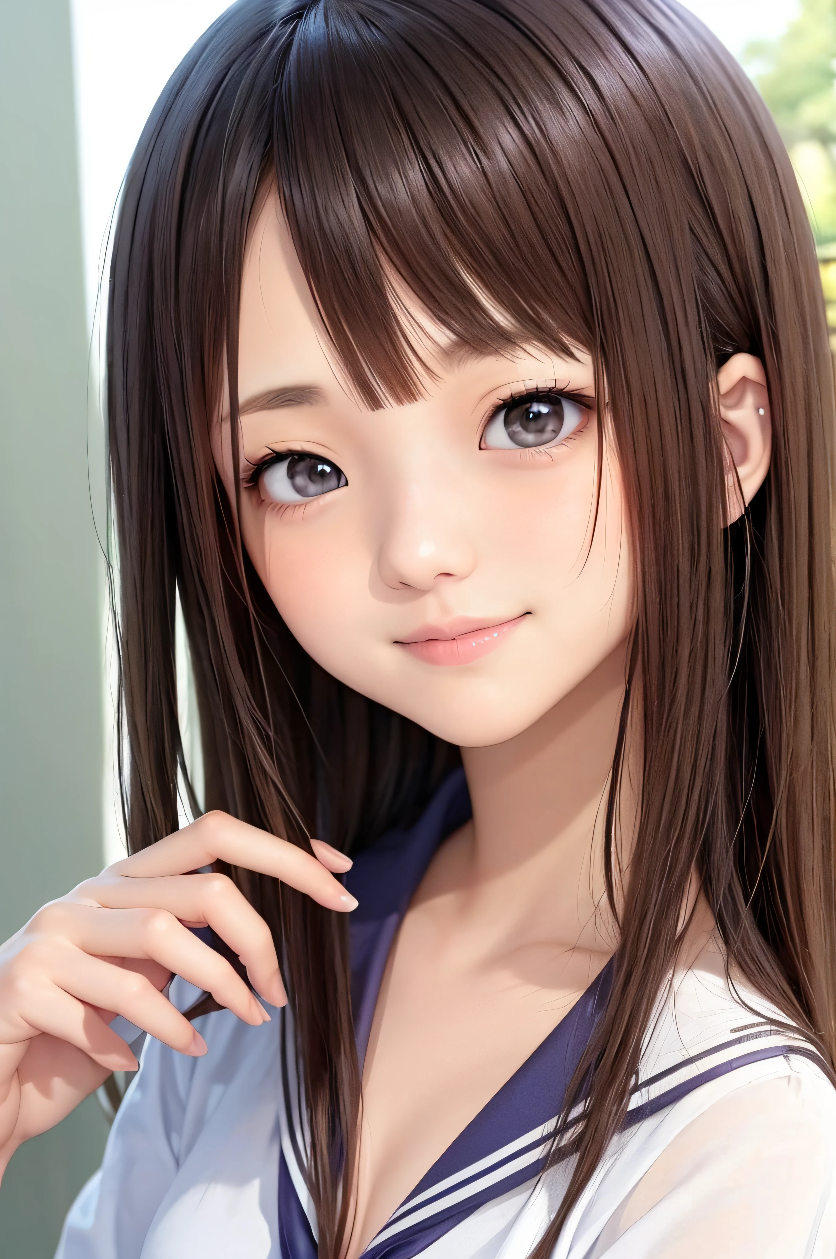 、brown haired、beautidful eyes、real looking skin、hi-school girl、a sailor suit、small tits、(8K、masterpiece)、(reallistic、Photorealsitic)、top-quality、ighly detailed、The ultra-detailliert、Beautie、cute little、japanes、Idol、A smile、Close-up portrait、Healthy face
