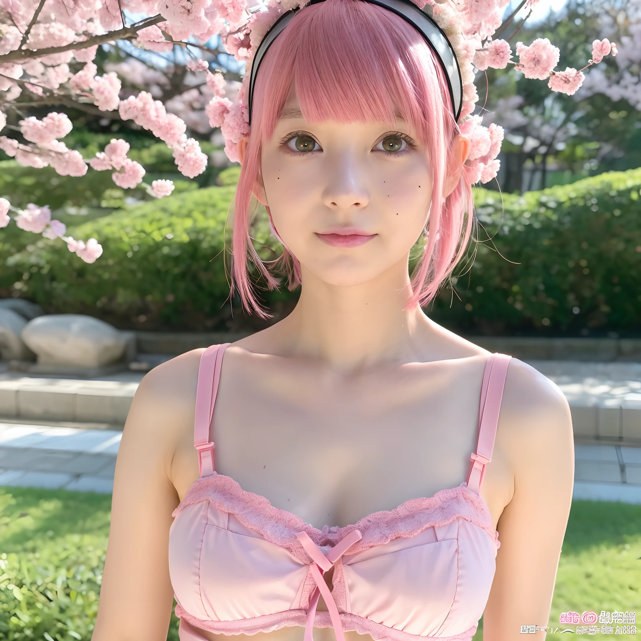 Sakura 4_Wrise, bolts: Naruto Next Generations, naruto shippuuden , 1girl in, Bangs, facial mark, Green eyes, Parted bangs, Pink hair, red hairband, Bra, Short hair, Solo, Upper body ((masutepiece))