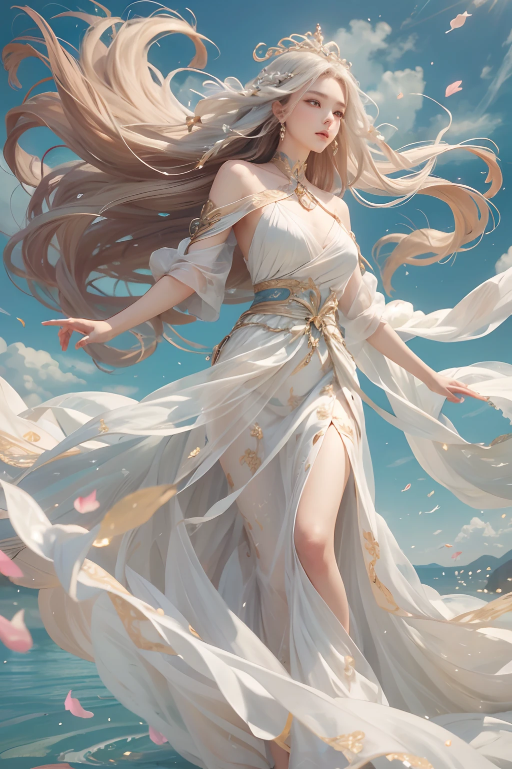 (Masterpiece, Top Quality: 1.2), Official Art, Goddess of the Wind, Long Flowing Hair in the Breeze, Levitating with Graceful Posture, Silk Garments Billowing in the Wind, Eyes (Aeolian Serenity: 1.3), Crown Adorned with Whirling Gusts, (Ethereal White Hues: 1.1), (Air Magic, Airbending: 1.4), Fantasy Art.