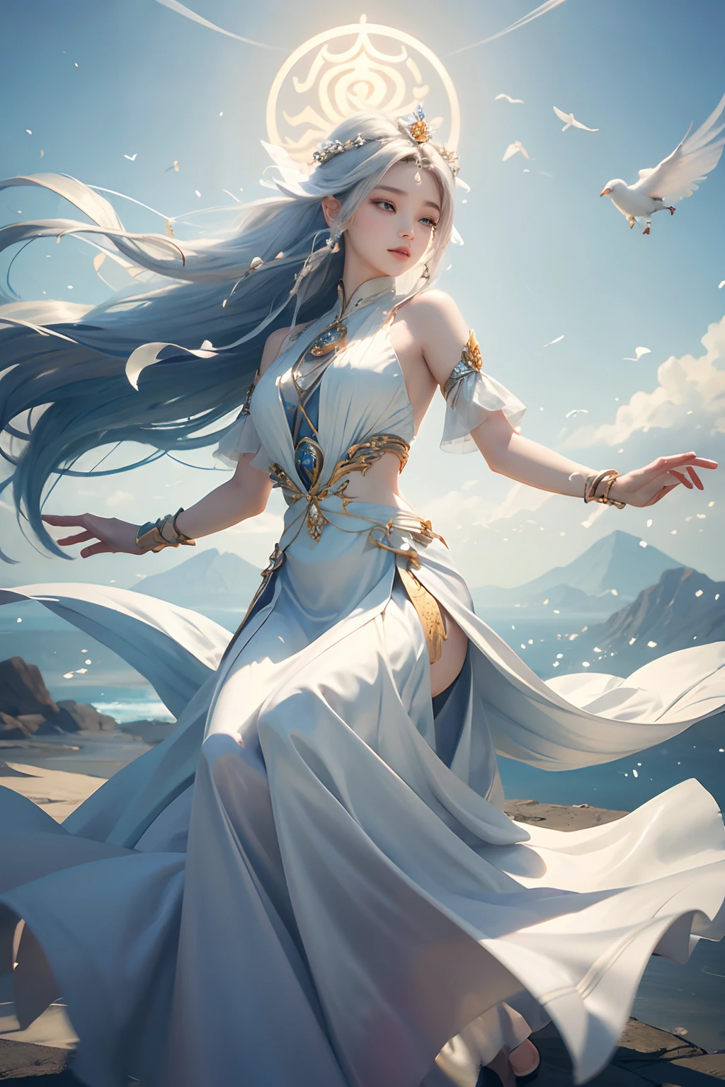 (Masterpiece, Top Quality: 1.2), Official Art, Goddess of the Wind, Long Flowing Hair in the Breeze, Levitating with Graceful Posture, Silk Garments Billowing in the Wind, Eyes (Aeolian Serenity: 1.3), Crown Adorned with Whirling Gusts, (Ethereal White Hues: 1.1), (Air Magic, Airbending: 1.4), Fantasy Art.