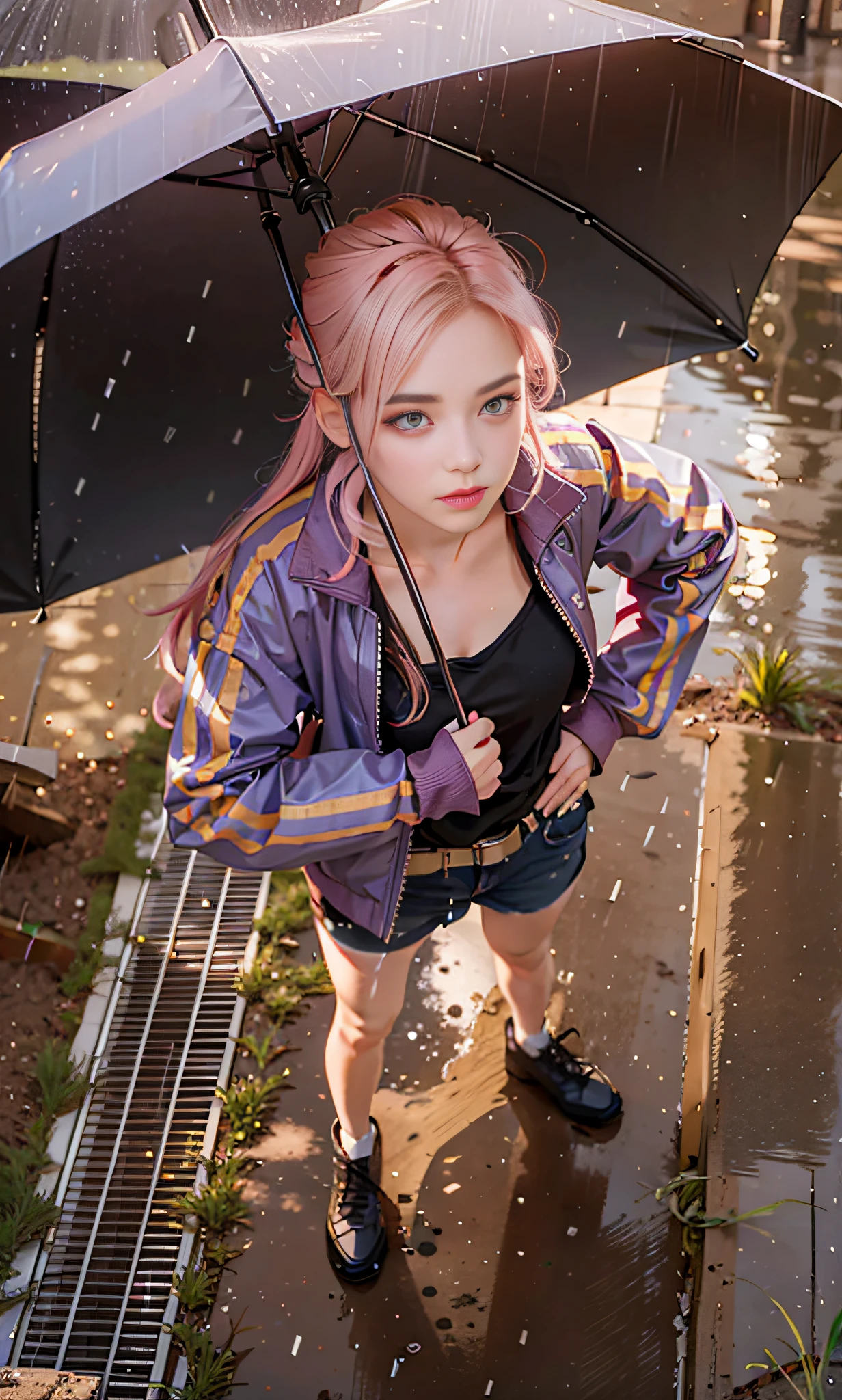 a close up of a woman with red eyes colour, serious face, serious eyes, straight-faced, rainy, raining, long hair, long hair, beautiful haired girl, pink hair, pink hair,, high quality, full body, (photorealistic:1.4), raw photo, 1girl, looking_at_viewer, makeup, solo, light smile,shadows, contrast, analog style (look at viewer:1.2) (skin texture) (film grain:1.3), (warm hue, warm tone:1.2), close up, cinematic light, sidelighting, ultra high res, best shadow, RAW, RAW photo, a 22-year-old, lipstick, soft lighting, high quality, ((soft lighting:1.4),(pale skin:1.4), highres, sharp focus, extremely detailed, (spotlight), stage, beautiful detailed eyes, masterpiece, cinematic lighting, dslr, Fujifilm XT3,