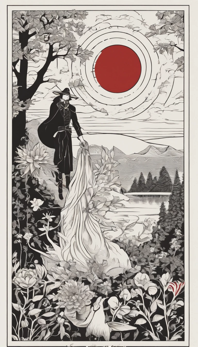 A magician stands with one arm stretched upwards towards the Universe, and the other pointing down to the earth. The Magician’s robe is white, and his cloak is red. On a table in front of him are a cup, pentacle, sword and wand. Above his head is the infinity symbol, and around his waist is a snake biting its own tail. in the foreground is an array of foliage and flowers,