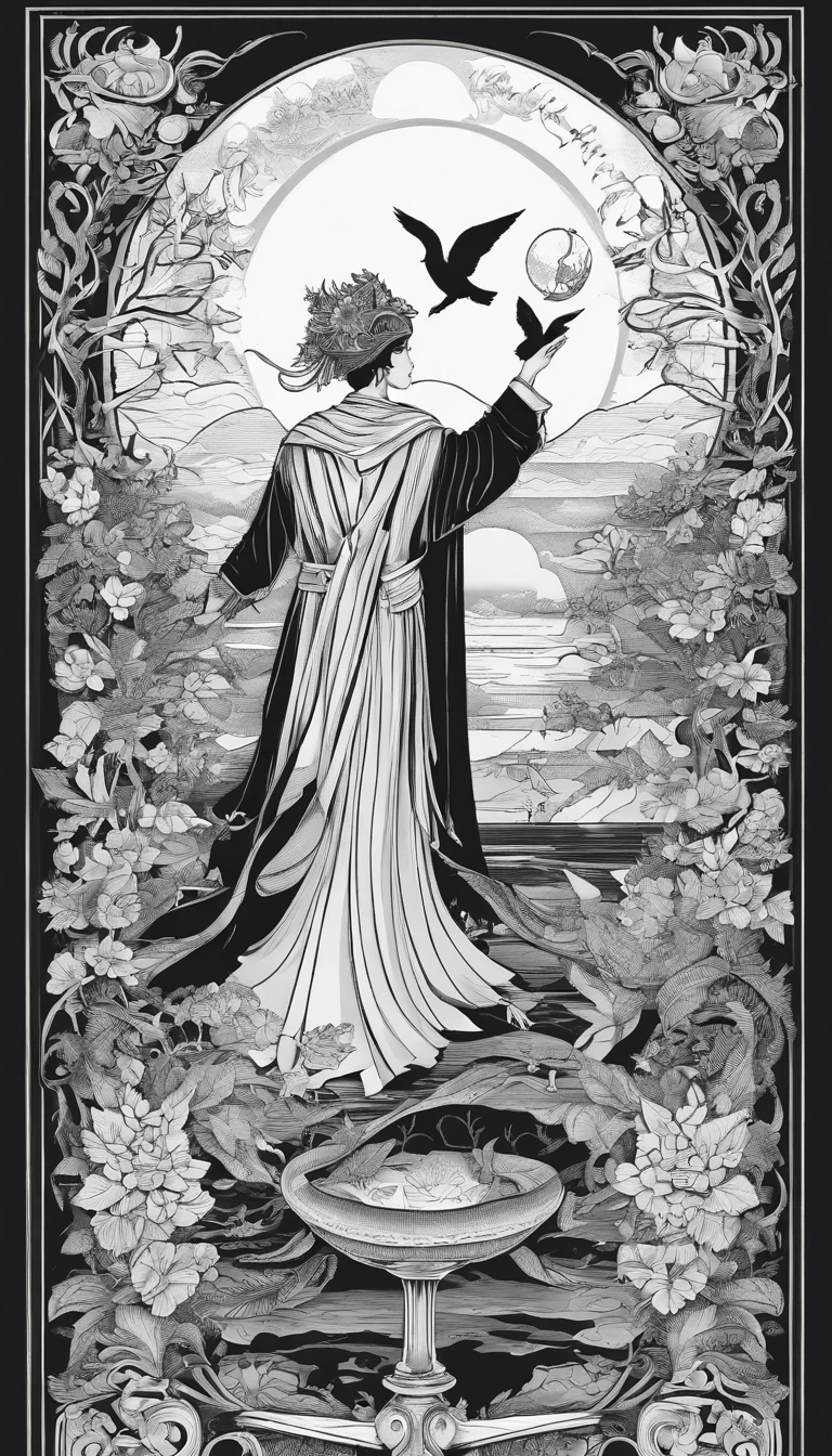 A magician stands with one arm stretched upwards towards the Universe, and the other pointing down to the earth. The Magician’s robe is white, and his cloak is red. On a table in front of him are a cup, pentacle, sword and wand. Above his head is the infinity symbol, and around his waist is a snake biting its own tail. in the foreground is an array of foliage and flowers,