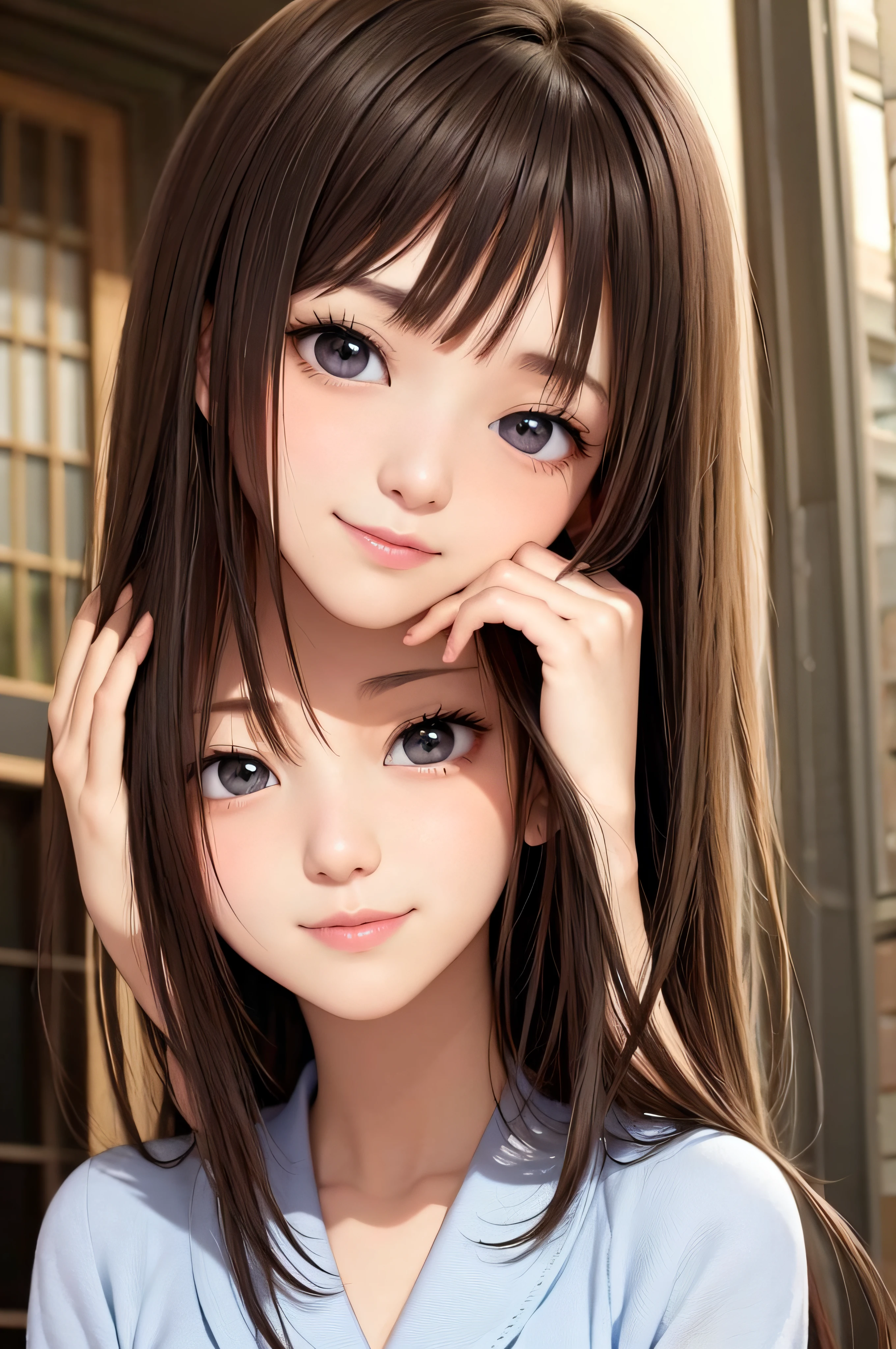 14years、a beauty girl、brown haired、beautidful eyes、real looking skin、small tits、(8K、masterpiece)、(reallistic、Photorealsitic)、top-quality、ighly detailed、The ultra-detailliert、Beautie、cute little、japanes、Idol、ssmile、Close-up portrait、Healthy face