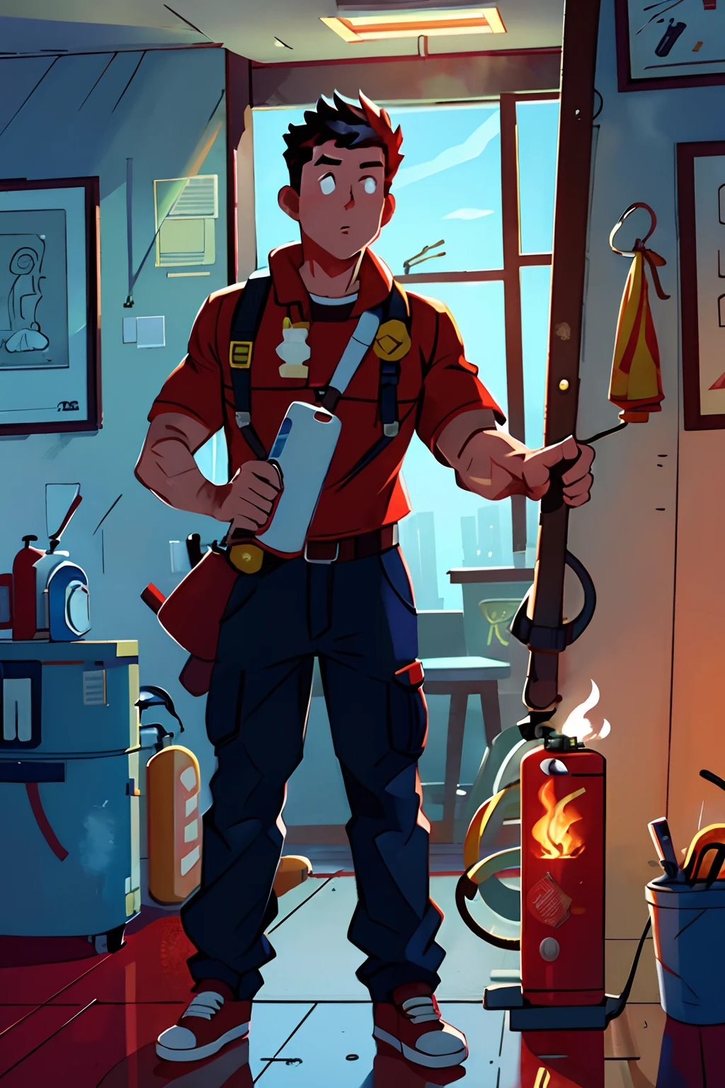 Determined and confident male firefighter holding a fire extinguisher. Dormitory downstairs，Fireproof clothing, Flammables, Skysky, fire hydrant, 城市.