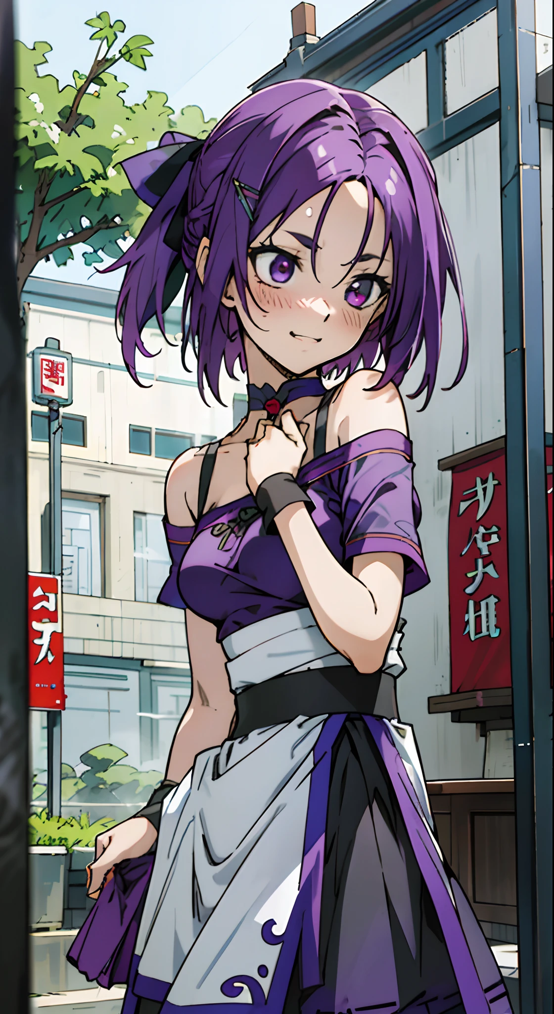 Masterpiece, Best quality, Ultra-detailed, Off-the-shoulder attire, Colorful,take up close, Hyper-detailing，purple hair, Ultra-realistic hair quality, Vibrant colors, Beautuful Women, Beautiful long hair, Shiny hair, detailed hairs, hair ribbon, side braids, hair clips, reo mikage, bluelock, no sleeves, camisole and cheongsam, chinese clothes, chest exposure, lace underwear, the kinky is exposed, choker, black choker, arm warmers, sexy breasts, scar, big breasts, red blush, 1girl, Solo, sharpy face, heterochromia, green eyes, purple eyes, bare necks, happiness face, rays of sunshine, brautiful sky, shining sky, slum town