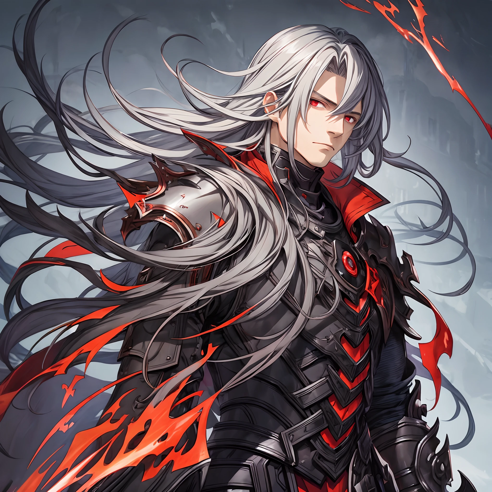 masterpiece, best quality, 1man, adult, male focus, solo, long hair, gray hair, vibrant red eyes, looking at viewer, cape, High quality metal texture, overcoat, closed mouth, upper body, bangs, high collar,(kbxll:0.6), Fantasy aesthetics, Highly detailed, shadowverse style, black armor