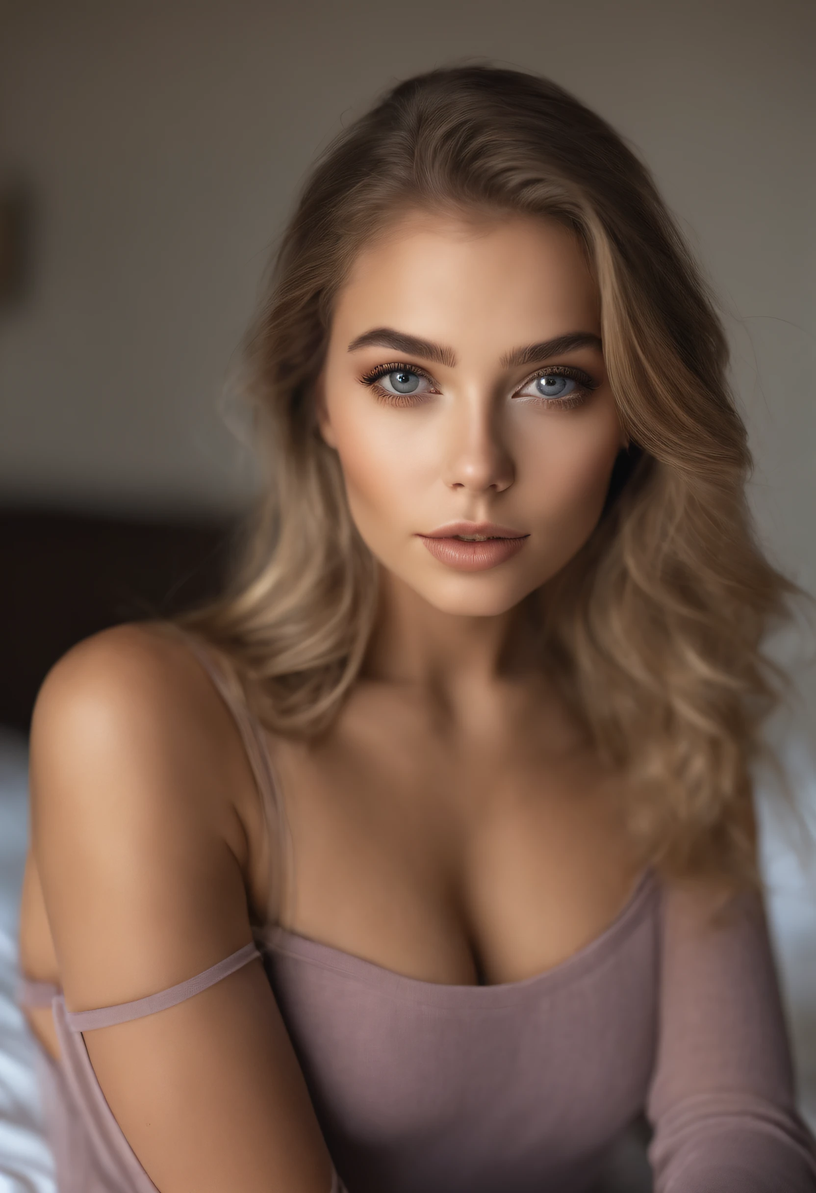 Arafed woman completely , fille sexy aux yeux bleus, ultra realist, Meticulously detailed, Portrait Sophie Mudd, cheveux blonds et grands yeux, selfie of a young woman, Yeux de chambre, Violet Myers, sans maquillage, maquillage naturel, looking straight at camera, Visage avec Artgram, Maquillage subtil, Great photo of the whole body kneeling on the bed, dans la chambre, Large bust a passport photo from afar