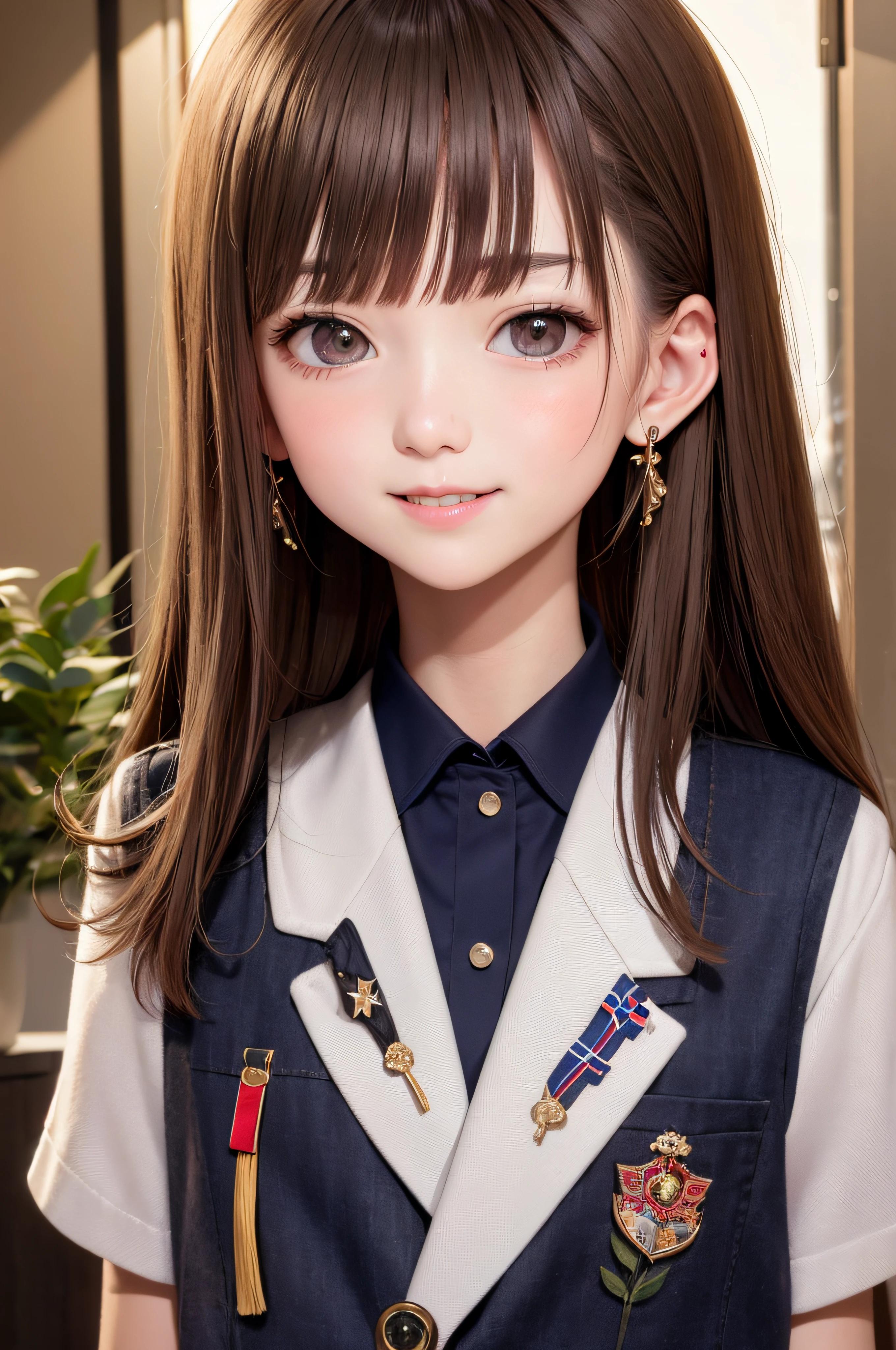 sixteen years old、brown haired、beautidful eyes、real looking skin、hi-school girl、a sailor suit、small ????、(8K、​masterpiece)、(reallistic、Photorealsitic)、top-quality、ighly detailed、The ultra-detailliert、Beautie、cute little、japanes、Idol、a smile、Close-up portrait、Healthy face