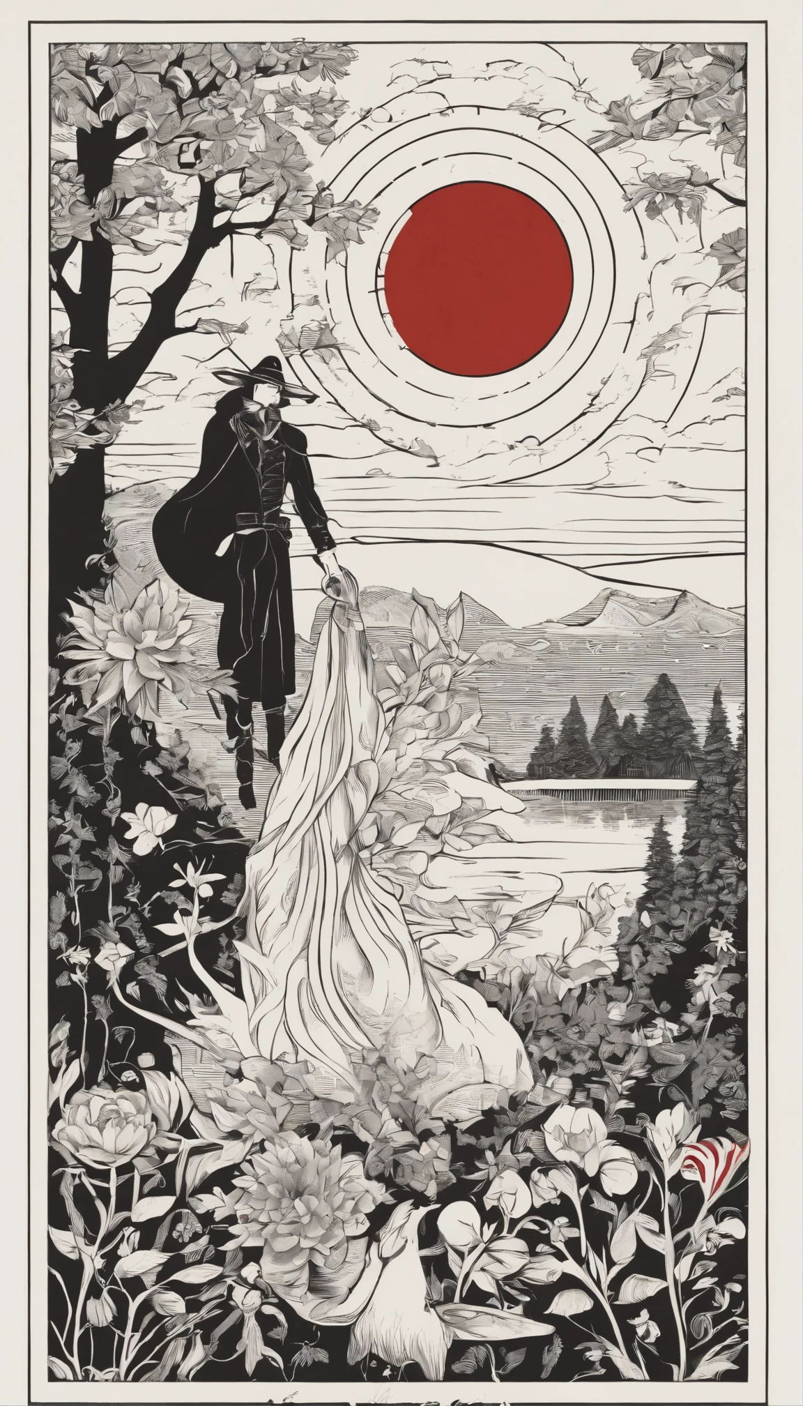 A magician stands with one arm stretched upwards towards the Universe, and the other pointing down to the earth. The Magician’s robe is white, and his cloak is red. On a table in front of him are a cup, pentacle, sword and wand. Above his head is the infinity symbol, and around his waist is a snake biting its own tail. in the foreground is an array of foliage and flowers,
