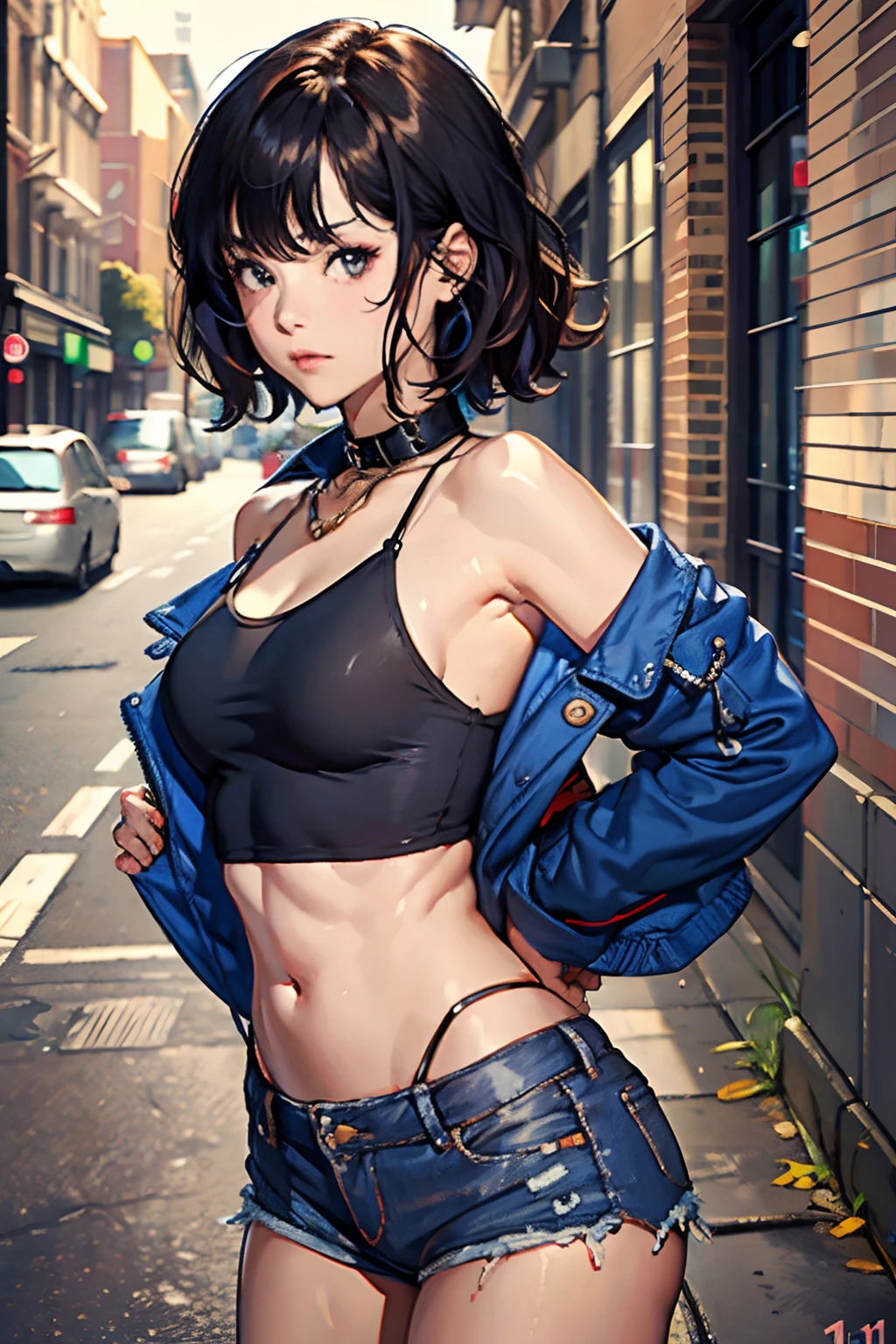 ((medium breast, tomboy girls, small head)),  (chiseled abs : 1.1), (perfect body : 1.1), (short wavy hair : 1.2) , auburn hair, collar, chain, full body shot, crowded street, wearing black tanktop, jeans jacket, ((shorts)), (extremely detailed CG 8k wallpaper), (an extremely delicate and beautiful), (masterpiece), (best quality:1.0), (ultra highres:1.0)